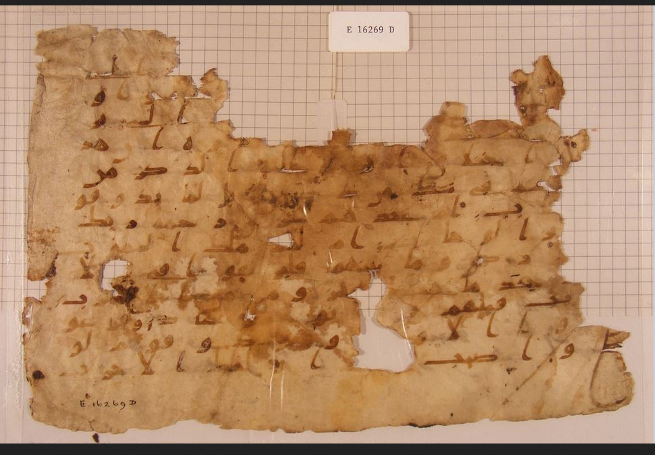 E 16269 D (Scan 2), in Ḥiǧāzī I script, showing Surah 38:13 from Mid to Late 7th Century AD found in Fustat (Old Cairo), Egypt, currently housed at Pennsylvania University Museum, Philadelphia, Pennsylvania