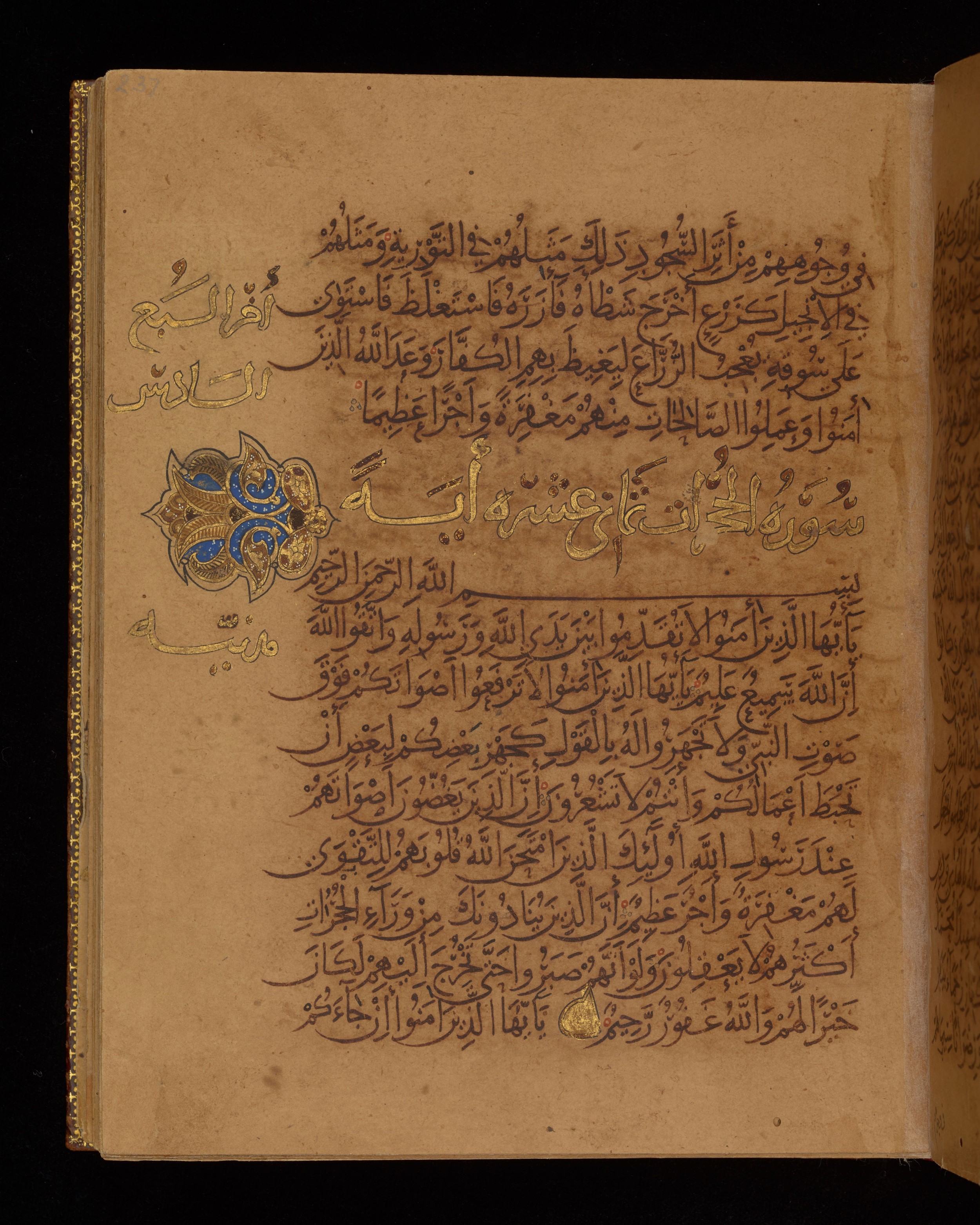 Dublin, Chester Beatty Library, Is 1431, in Nasḫī script, showing Surah 49:2 from Early 11th Century AD found in Baghdad, currently housed at Chester Beatty Library, Dublin, Ireland