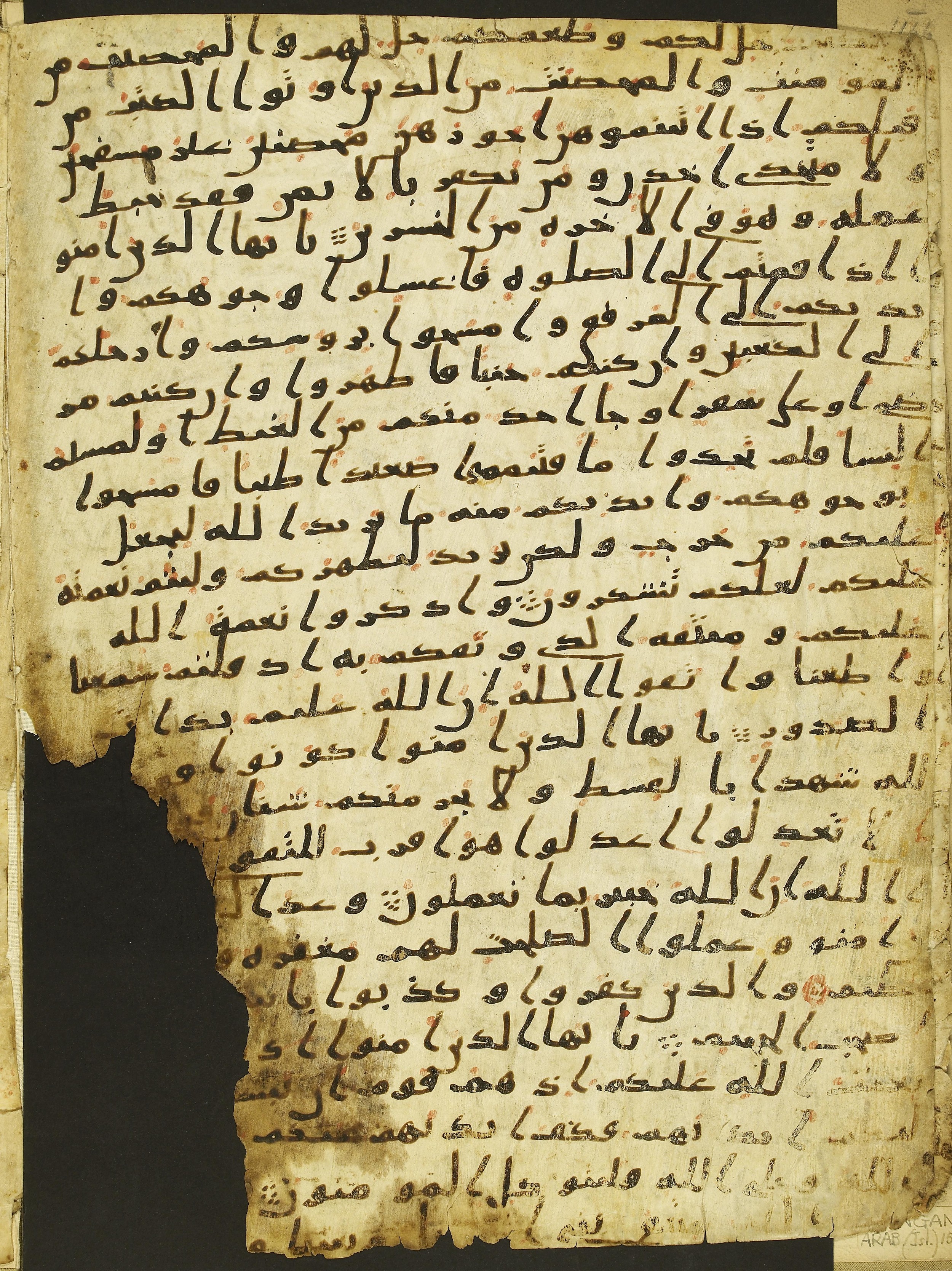 Paris, Bibliothèque nationale de France, Arabe 328 (c), in Ḥiǧāzī I script, showing Surah 5:7 from Late 6th to Mid-7th Century AD found in Fustat (Old Cairo), Egypt, currently housed at Bibliothèque nationale de France, Paris
