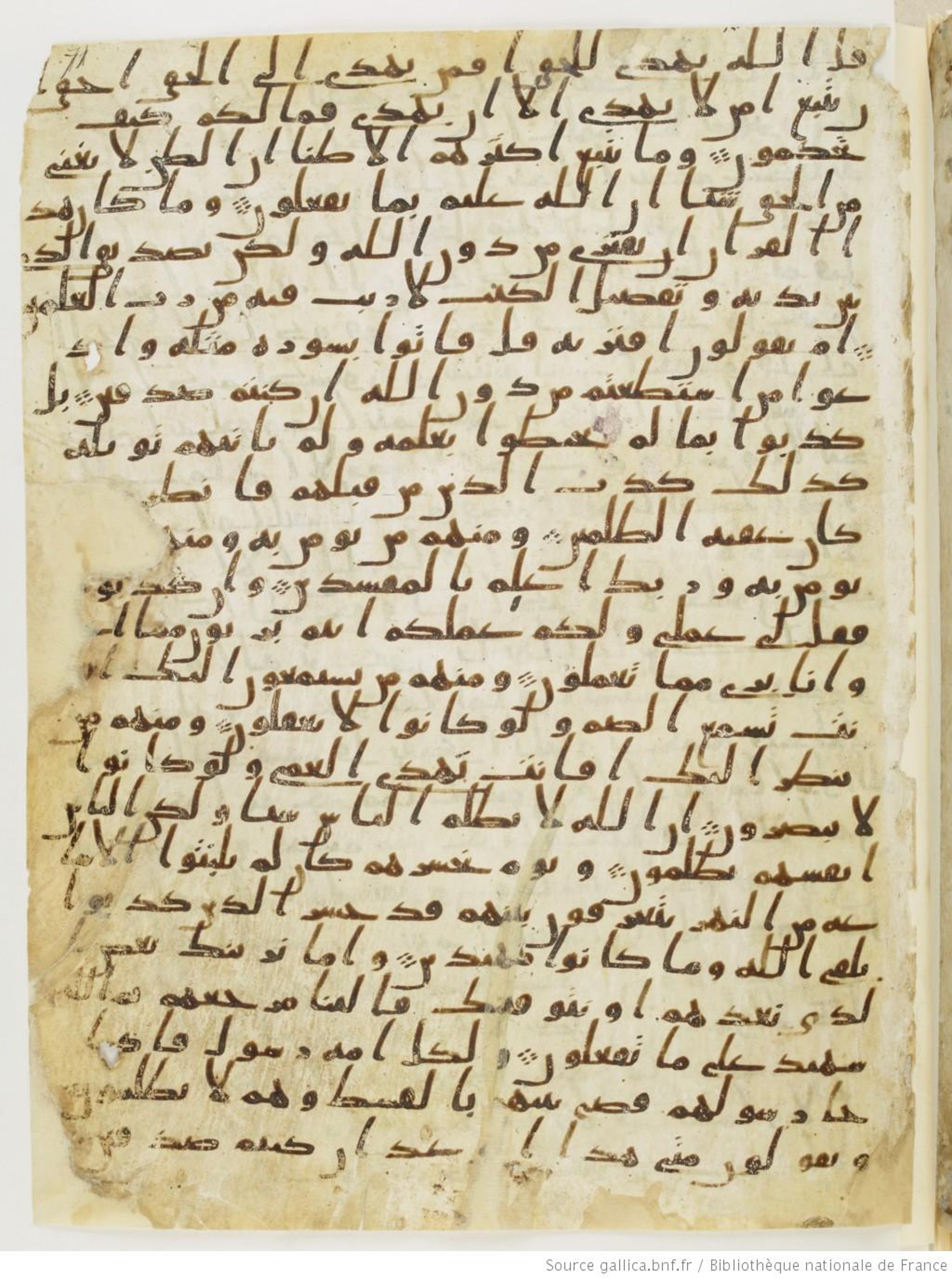 Paris, Bibliothèque nationale de France, Arabe 328 (c) (Scan 2), in Ḥiǧāzī I script, showing Surah 10:39 from Late 6th to Mid-7th Century AD found in Fustat (Old Cairo), Egypt, currently housed at Bibliothèque nationale de France, Paris