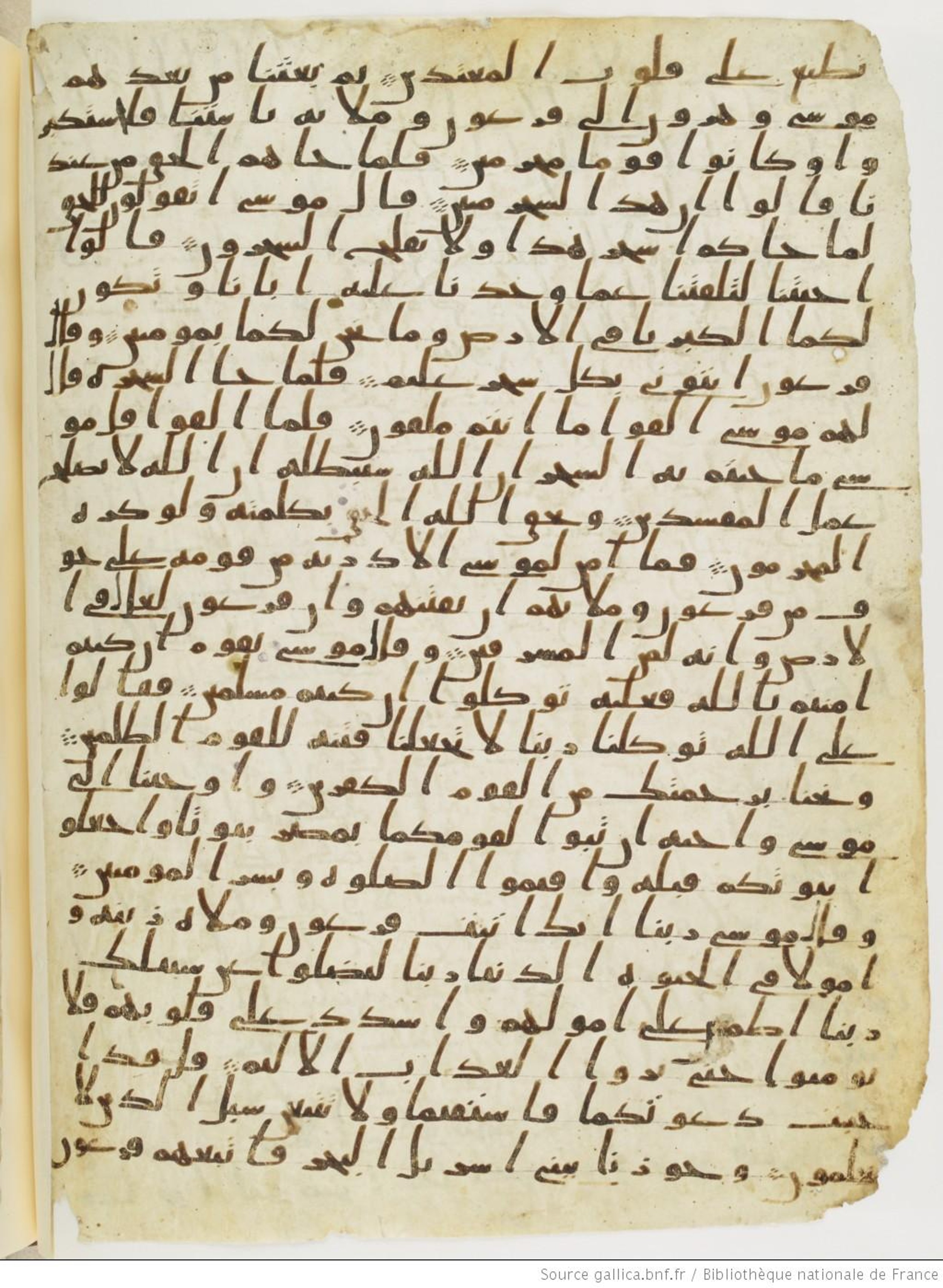 Paris, Bibliothèque nationale de France, Arabe 328 (c), in Ḥiǧāzī I script, showing Surah 10:83 from Late 6th to Mid-7th Century AD found in Fustat (Old Cairo), Egypt, currently housed at Bibliothèque nationale de France, Paris