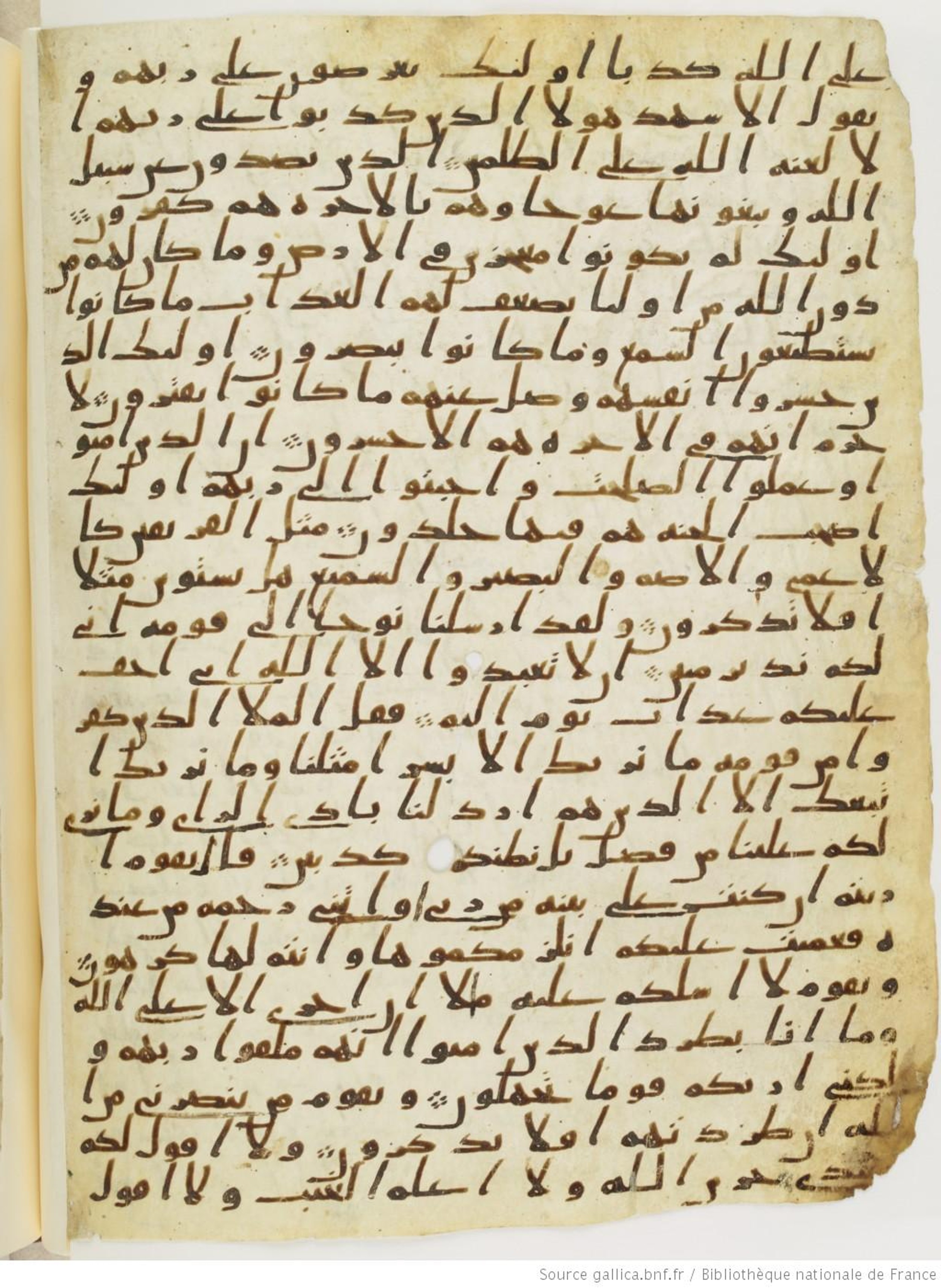 Paris, Bibliothèque nationale de France, Arabe 328 (c), in Ḥiǧāzī I script, showing Surah 11:21 from Late 6th to Mid-7th Century AD found in Fustat (Old Cairo), Egypt, currently housed at Bibliothèque nationale de France, Paris