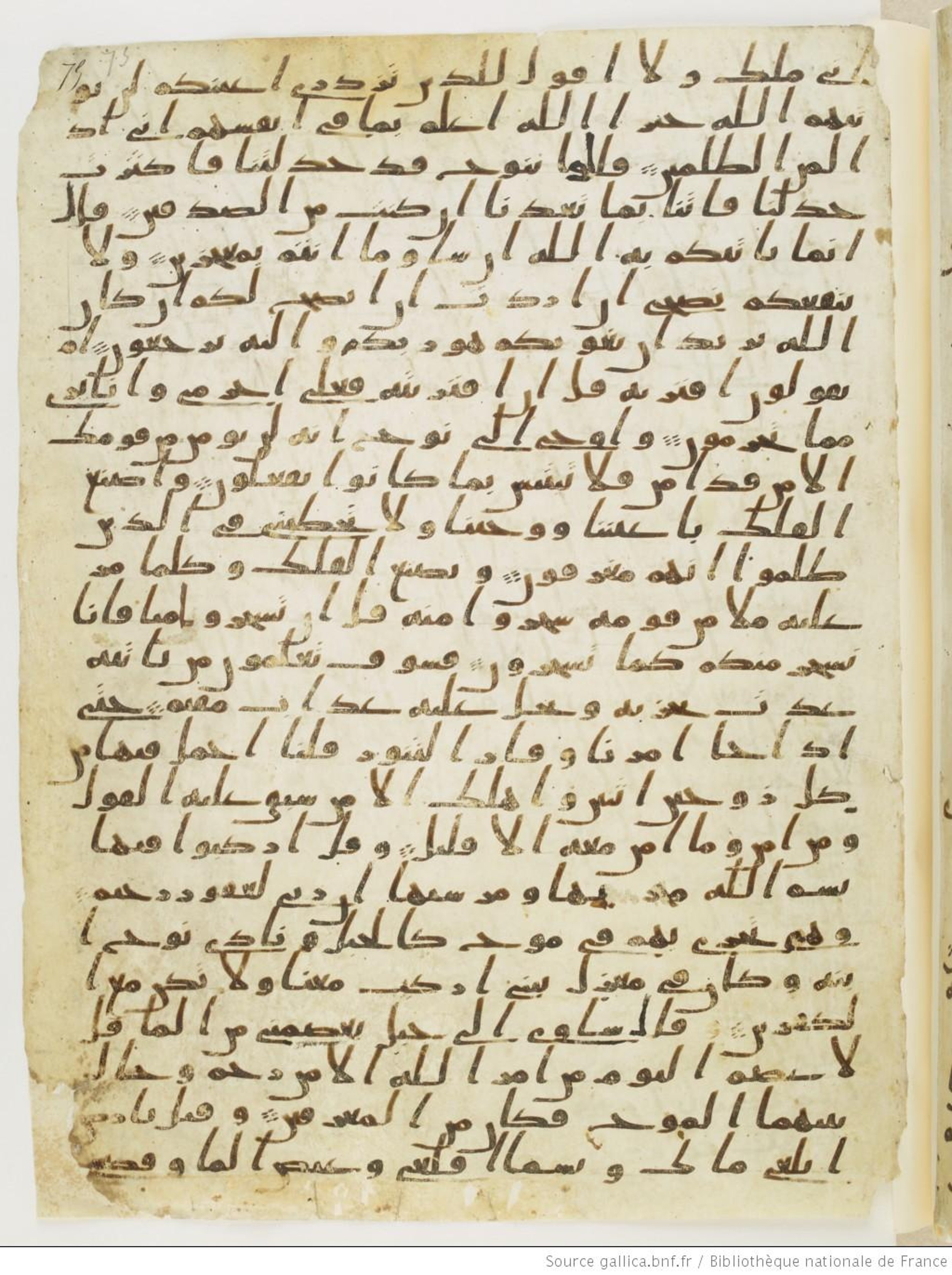 Paris, Bibliothèque nationale de France, Arabe 328 (c) (Scan 2), in Ḥiǧāzī I script, showing Surah 11:39 from Late 6th to Mid-7th Century AD found in Fustat (Old Cairo), Egypt, currently housed at Bibliothèque nationale de France, Paris