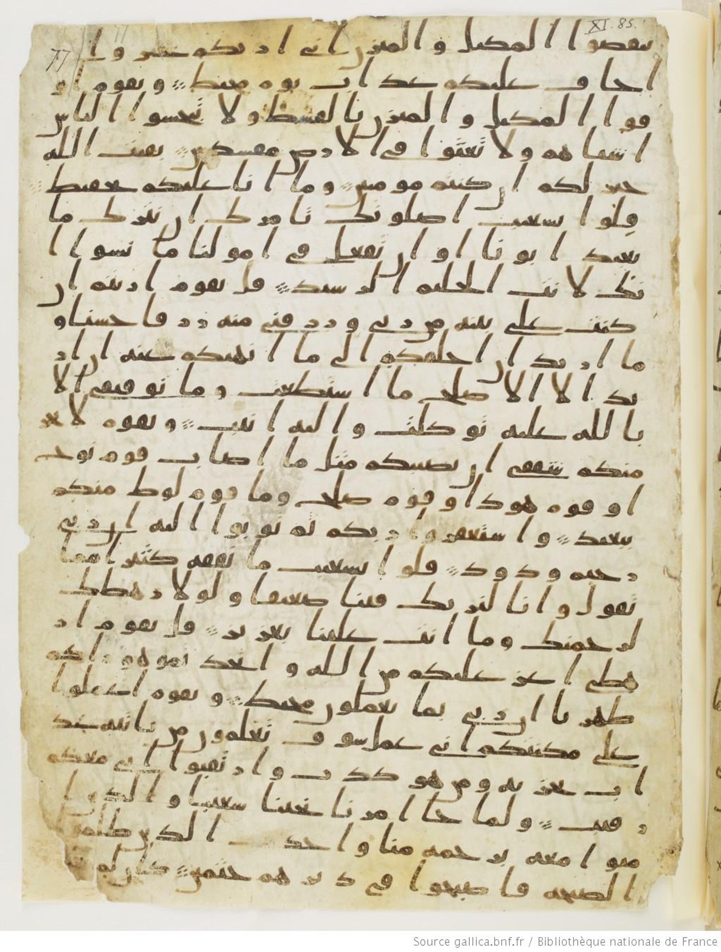 Paris, Bibliothèque nationale de France, Arabe 328 (c) (Scan 2), in Ḥiǧāzī I script, showing Surah 11:89 from Late 6th to Mid-7th Century AD found in Fustat (Old Cairo), Egypt, currently housed at Bibliothèque nationale de France, Paris