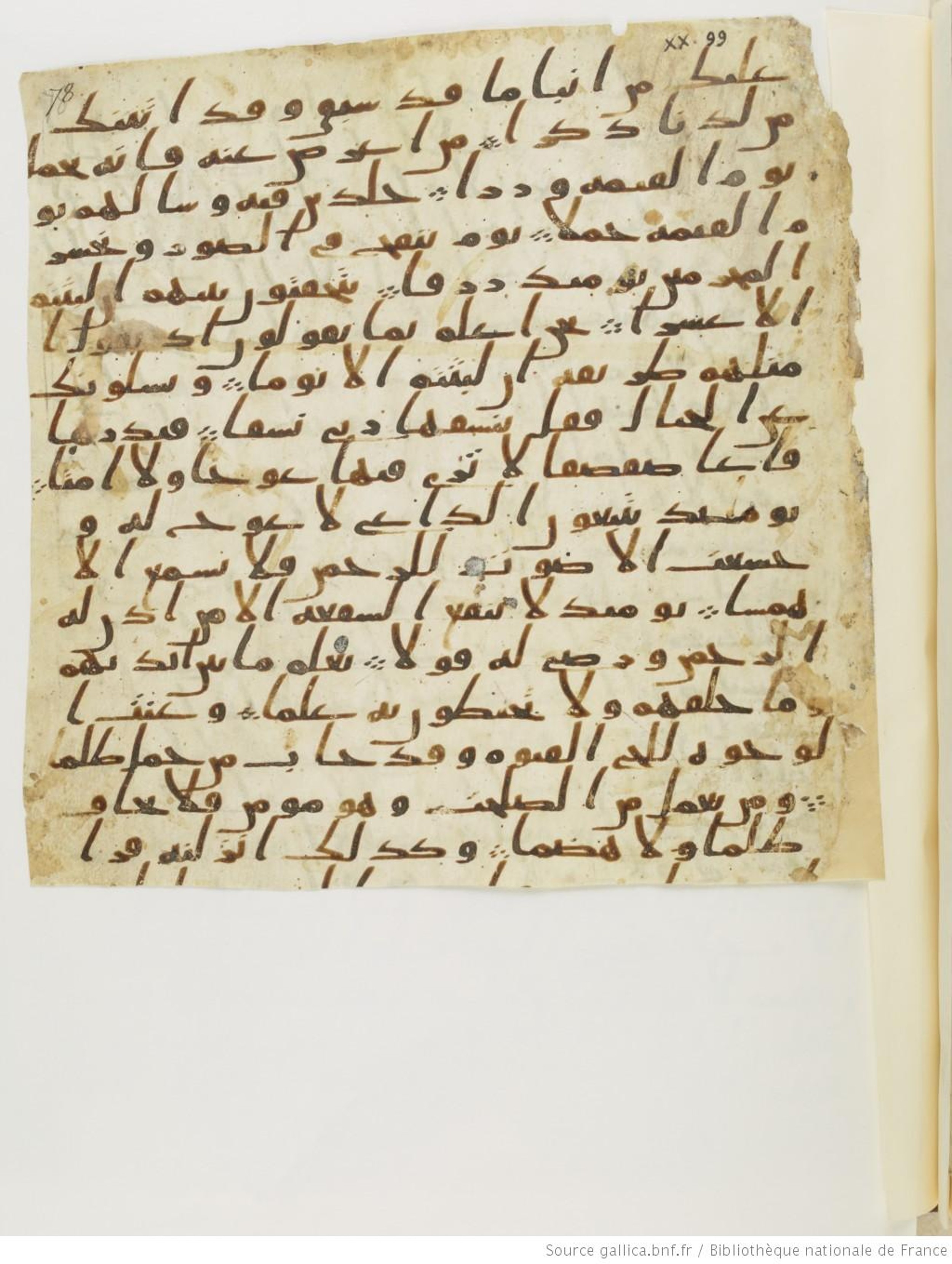 Paris, Bibliothèque nationale de France, Arabe 328 (c) (Scan 2), in Ḥiǧāzī I script, showing Surah 20:113 from Late 6th to Mid-7th Century AD found in Fustat (Old Cairo), Egypt, currently housed at Bibliothèque nationale de France, Paris