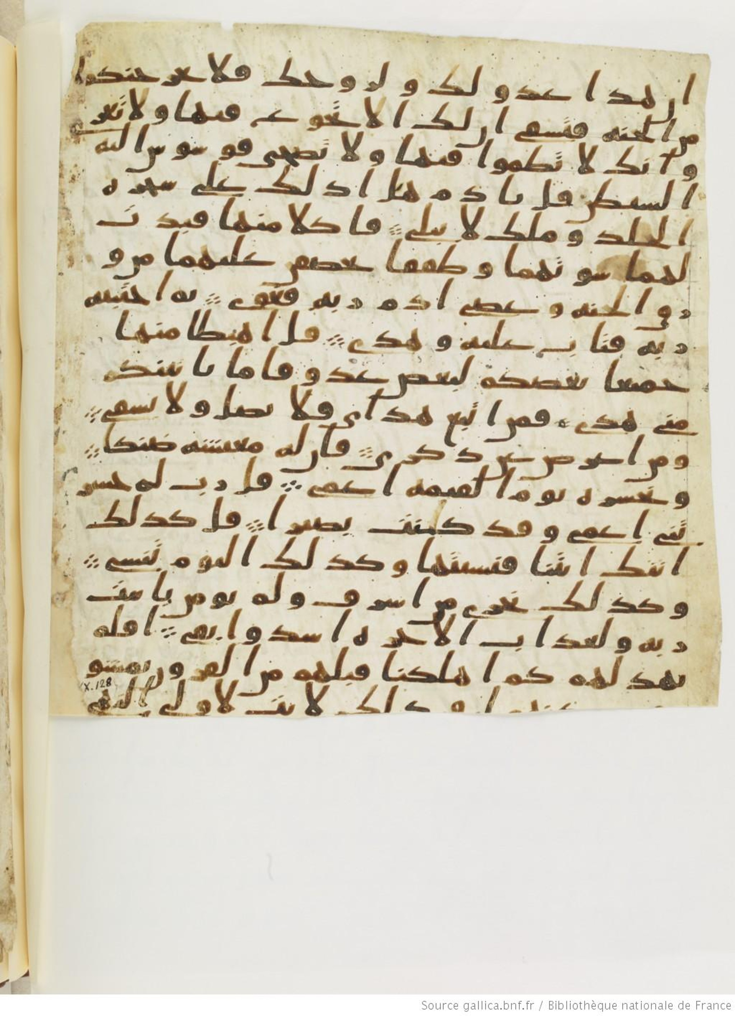 Paris, Bibliothèque nationale de France, Arabe 328 (c), in Ḥiǧāzī I script, showing Surah 20:121 from Late 6th to Mid-7th Century AD found in Fustat (Old Cairo), Egypt, currently housed at Bibliothèque nationale de France, Paris