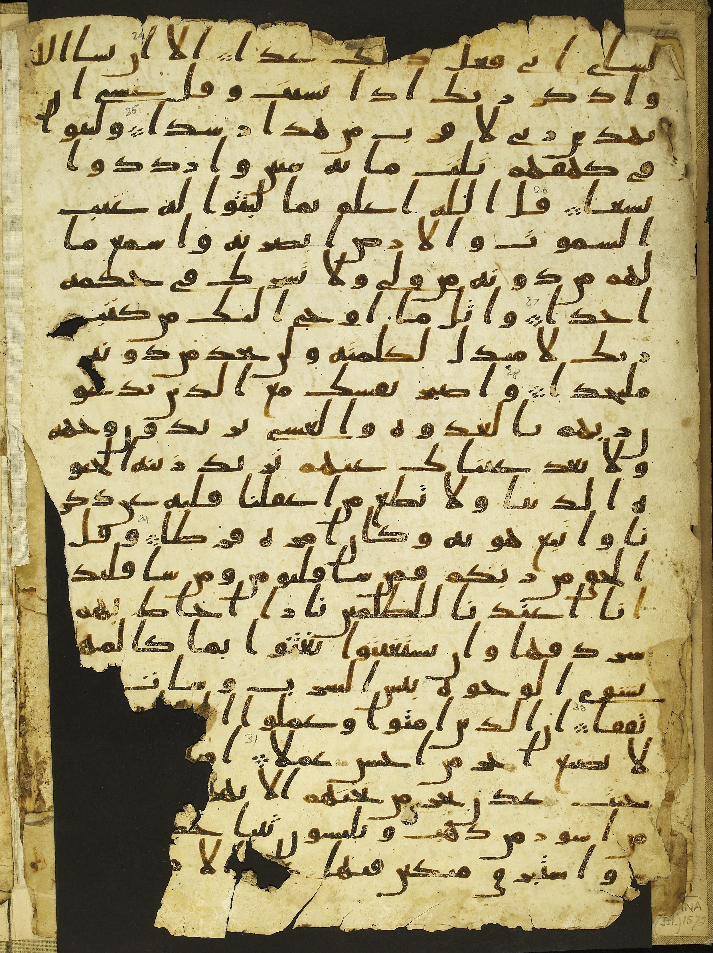 Paris, Bibliothèque nationale de France, Arabe 328 (c), in Ḥiǧāzī I script, showing Surah 18:28 from Late 6th to Mid-7th Century AD found in Fustat (Old Cairo), Egypt, currently housed at Bibliothèque nationale de France, Paris