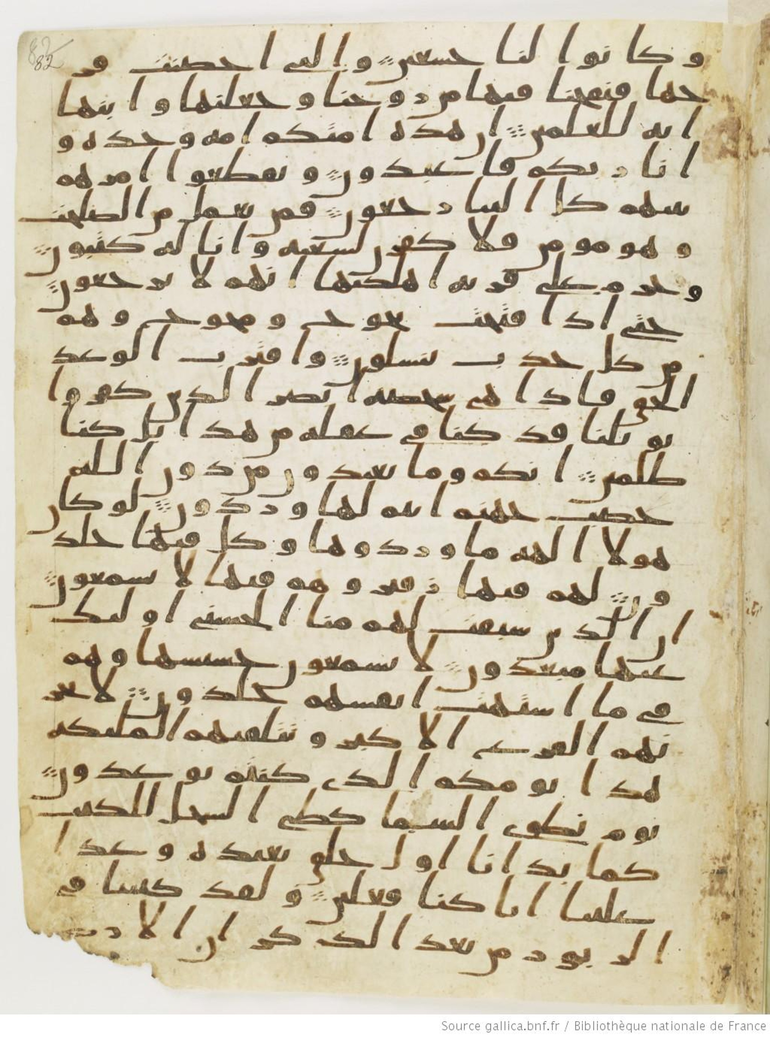 Paris, Bibliothèque nationale de France, Arabe 328 (c) (Scan 2), in Ḥiǧāzī I script, showing Surah 21:98 from Late 6th to Mid-7th Century AD found in Fustat (Old Cairo), Egypt, currently housed at Bibliothèque nationale de France, Paris