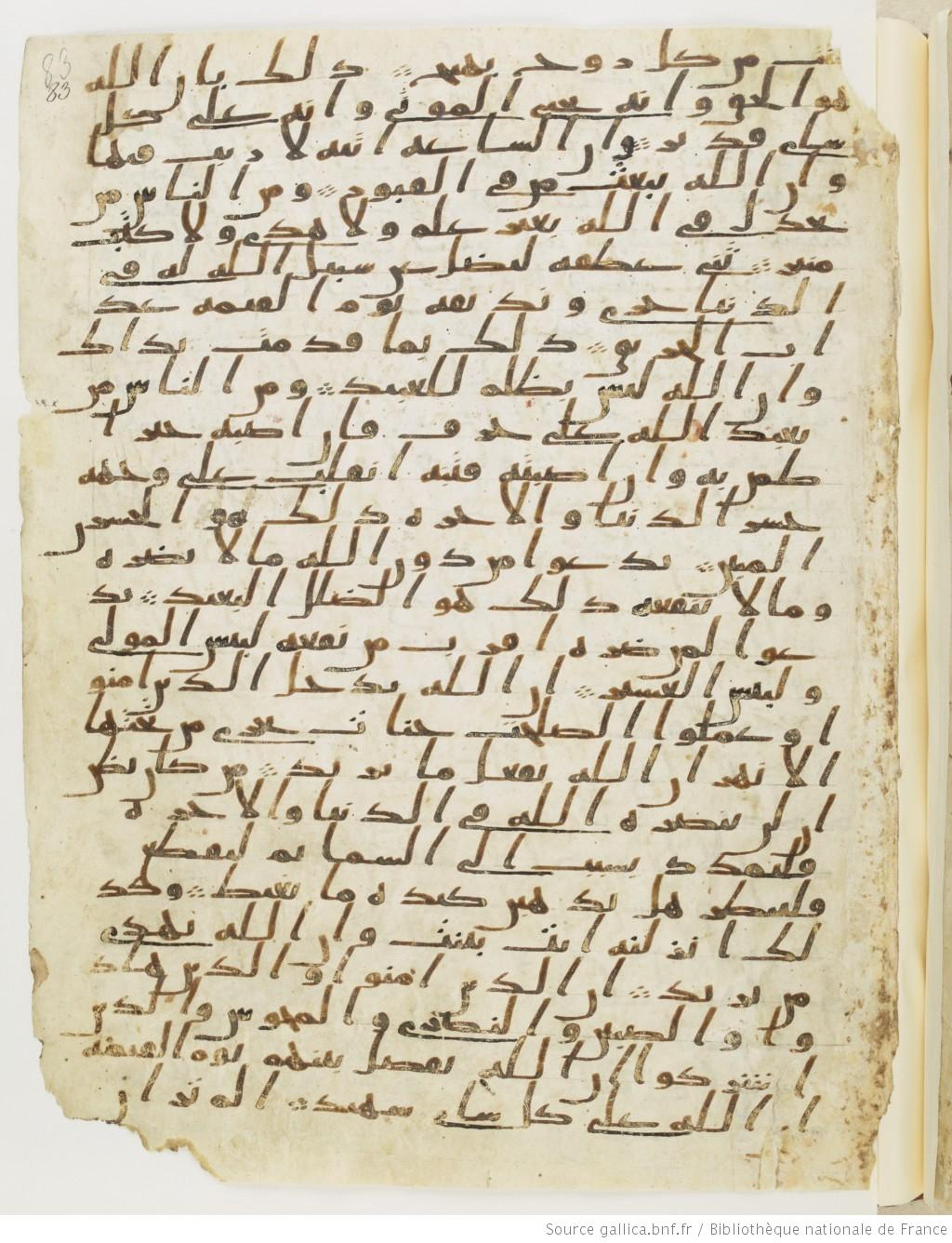 Paris, Bibliothèque nationale de France, Arabe 328 (c) (Scan 2), in Ḥiǧāzī I script, showing Surah 22:13 from Late 6th to Mid-7th Century AD found in Fustat (Old Cairo), Egypt, currently housed at Bibliothèque nationale de France, Paris