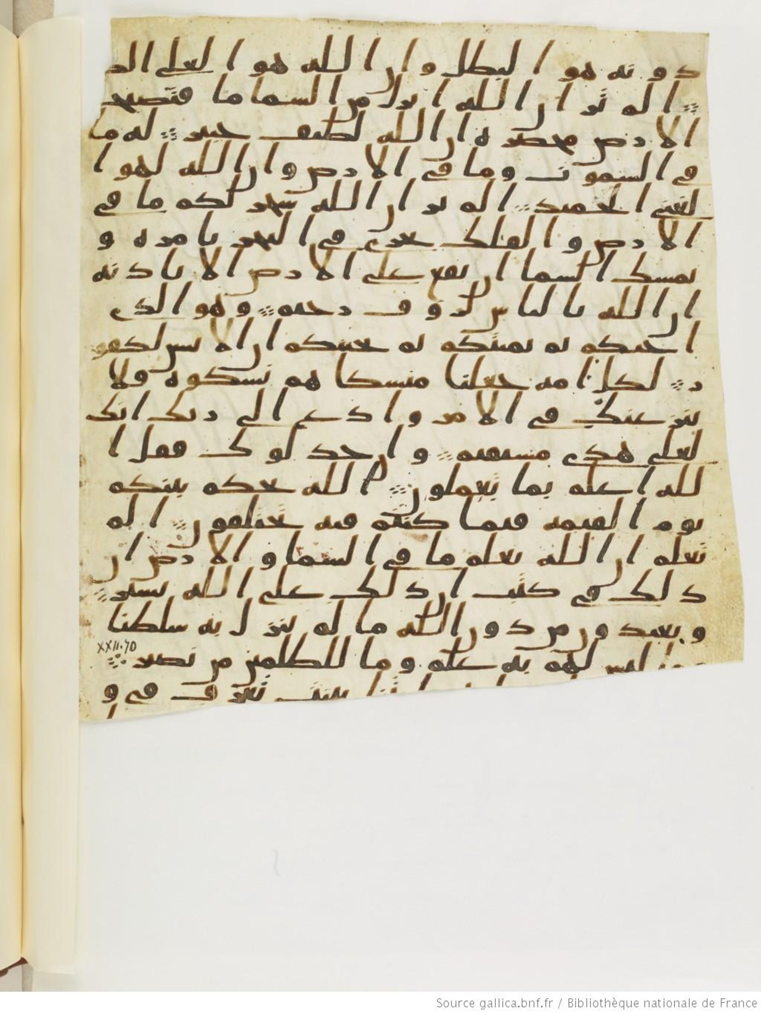 Paris, Bibliothèque nationale de France, Arabe 328 (c), in Ḥiǧāzī I script, showing Surah 22:71 from Late 6th to Mid-7th Century AD found in Fustat (Old Cairo), Egypt, currently housed at Bibliothèque nationale de France, Paris
