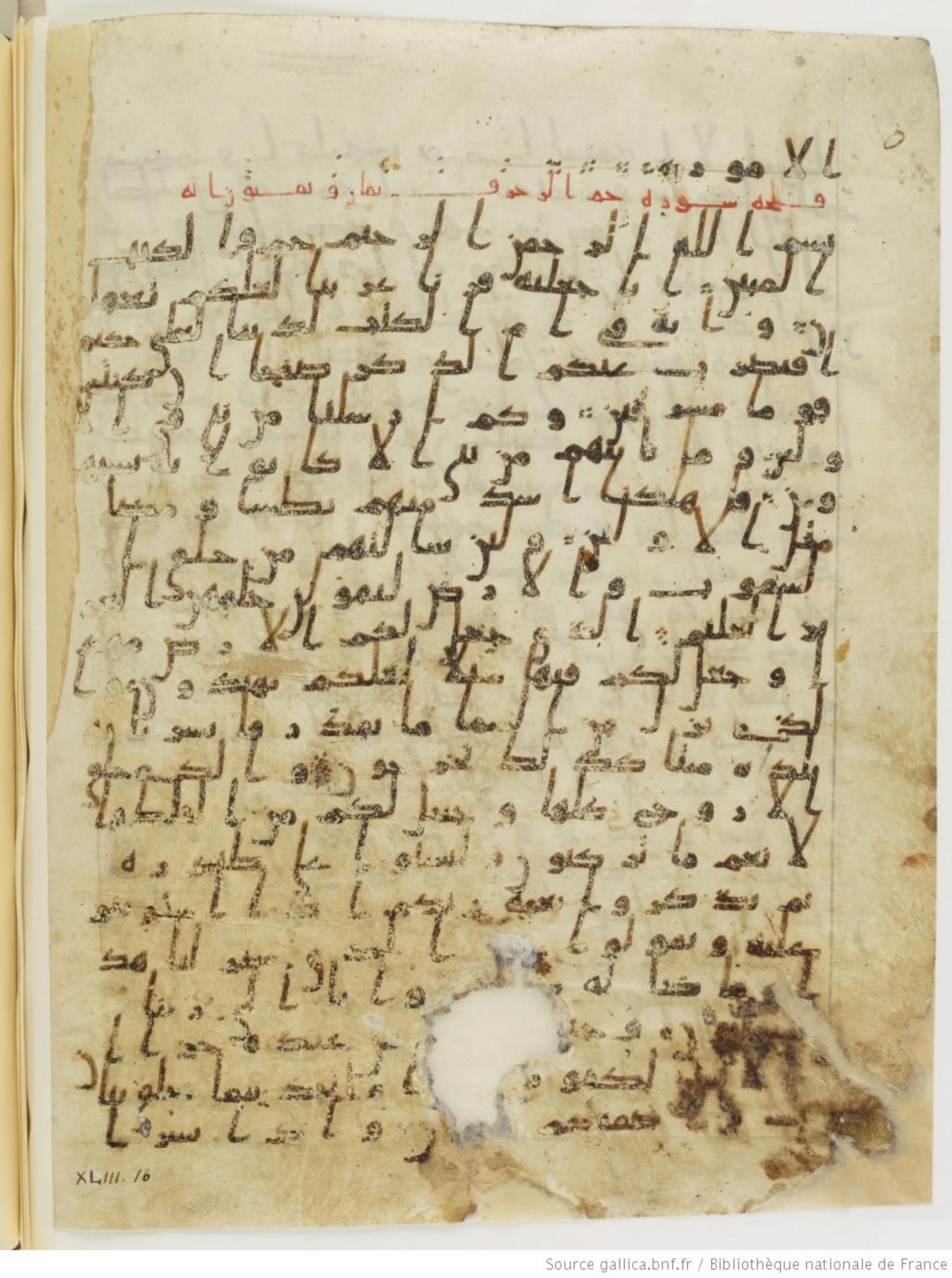 Paris, Bibliothèque nationale de France, Arabe 328 (d), in Early Kufic (Type B I a) script, showing Surah 43:13 from 8th Century AD found in Fustat (Old Cairo), Egypt, currently housed at Bibliothèque nationale de France, Paris