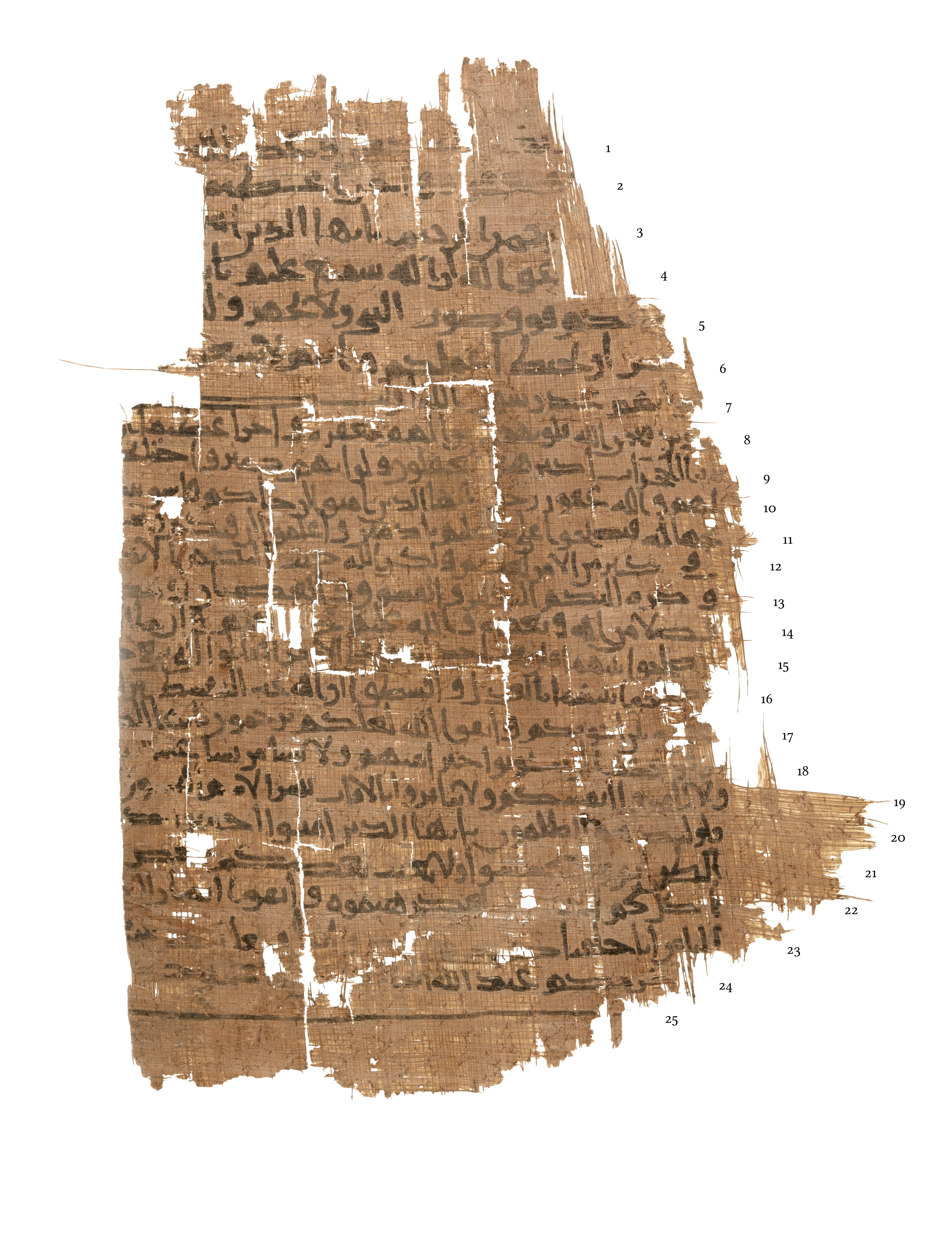 Cambridge, Michaelides Collection, No. 32, in Ḥiǧāzī I, Ḥiǧāzī II, Kūfī B.Ia script, showing Surah 49:2 from Mid 7th to Mid 8th Century AD found in Egypt, currently housed at University of Cambridge (formerly Michaelides Collection), Cambridge, UK