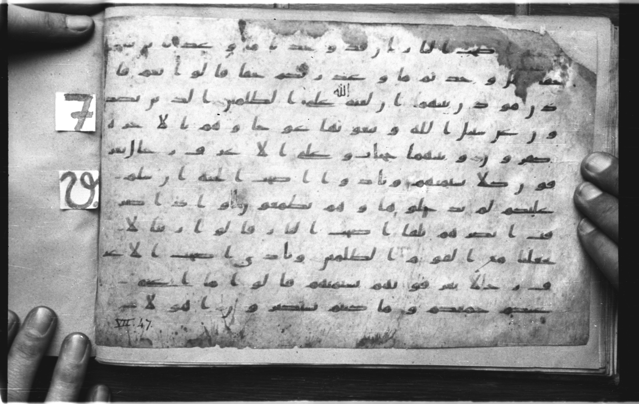 Paris, Bibliothèque nationale de France, Arabe 326 (b) (Scan 1), in Kufic A.I script, showing Surah 7:49 from 8th to 9th Century AD found in Fustat (Old Cairo), Egypt, currently housed at Bibliothèque nationale de France, Paris