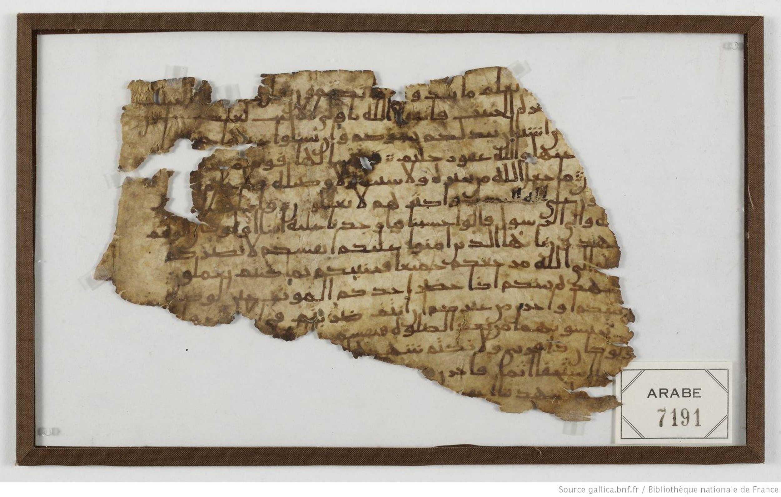 Bibliothèque nationale de France, Arabe 7191, in Ḥiǧāzī I script, showing Surah 5:103 from Mid 7th to Mid 8th Century AD found in Asyut, Egypt, currently housed at Bibliothèque nationale de France, Paris