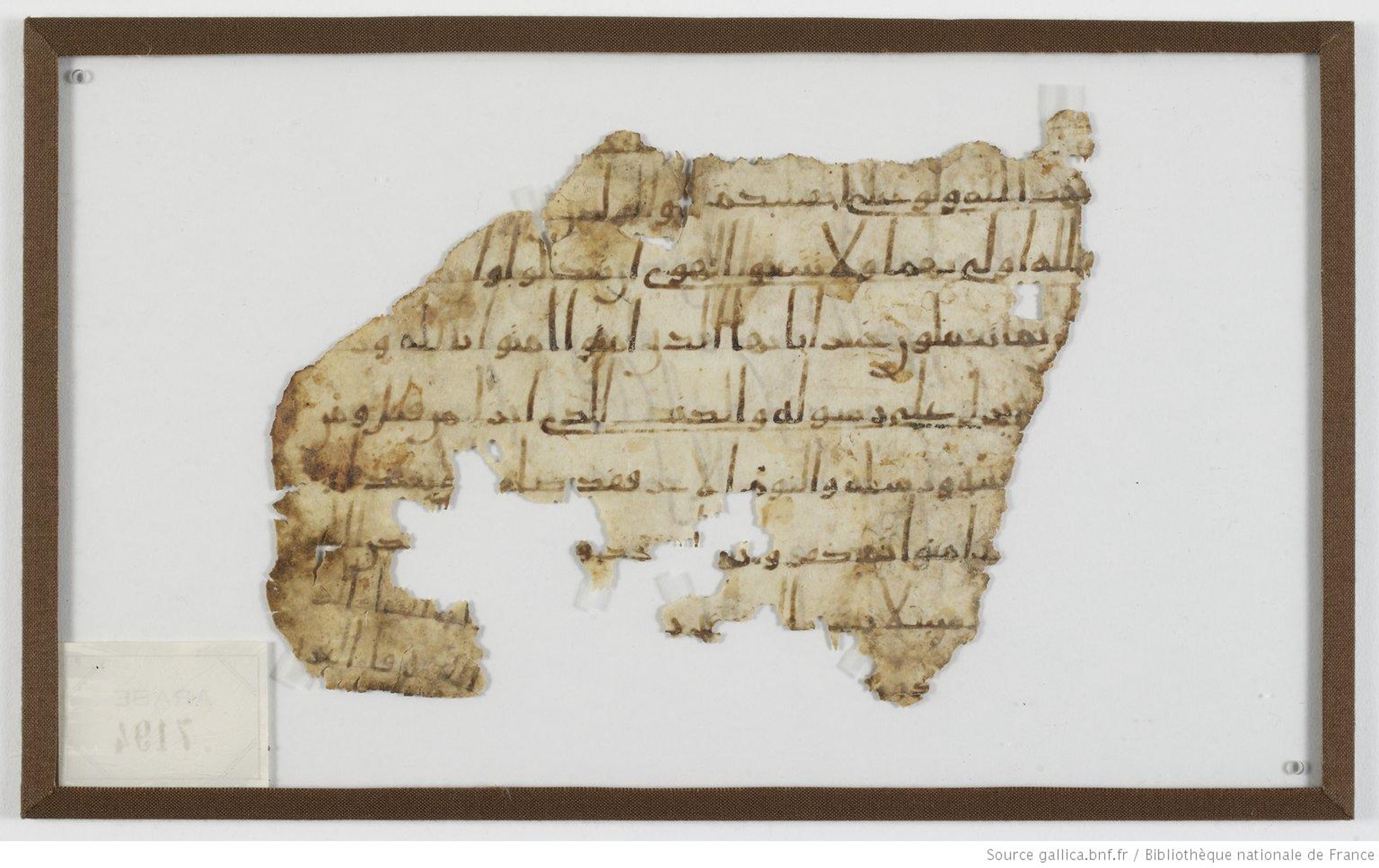 Paris, Bibliothèque nationale de France, Arabe 7194, in Ḥiǧāzī II and Kūfī B.Ia script, showing Surah 4:136 from Late 7th to Mid 8th Century AD found in Elephantine Island, Aswan, Egypt, currently housed at Bibliothèque nationale de France, Paris