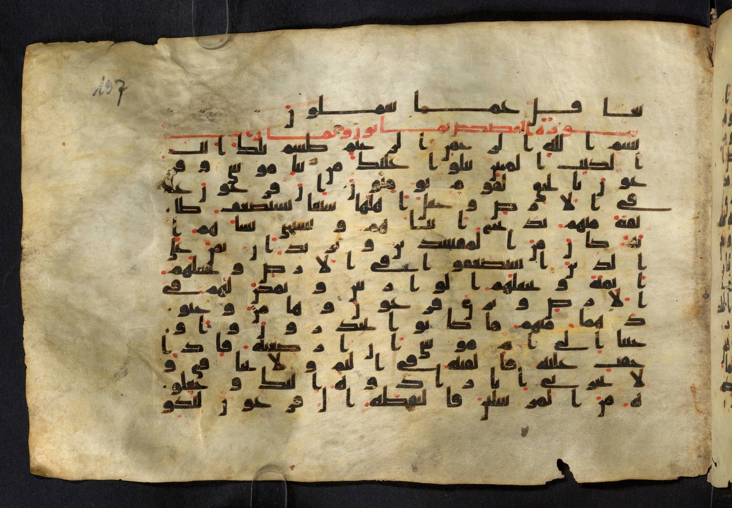 Moritz 1905, Tables 39-40 (Scan 1), in Kūfī A.I script, showing Surah 28:2 from 8th Century AD found in Bahnasa (Oxyrynchos), Egypt, currently housed at Egyptian National Library and Archives, Cairo