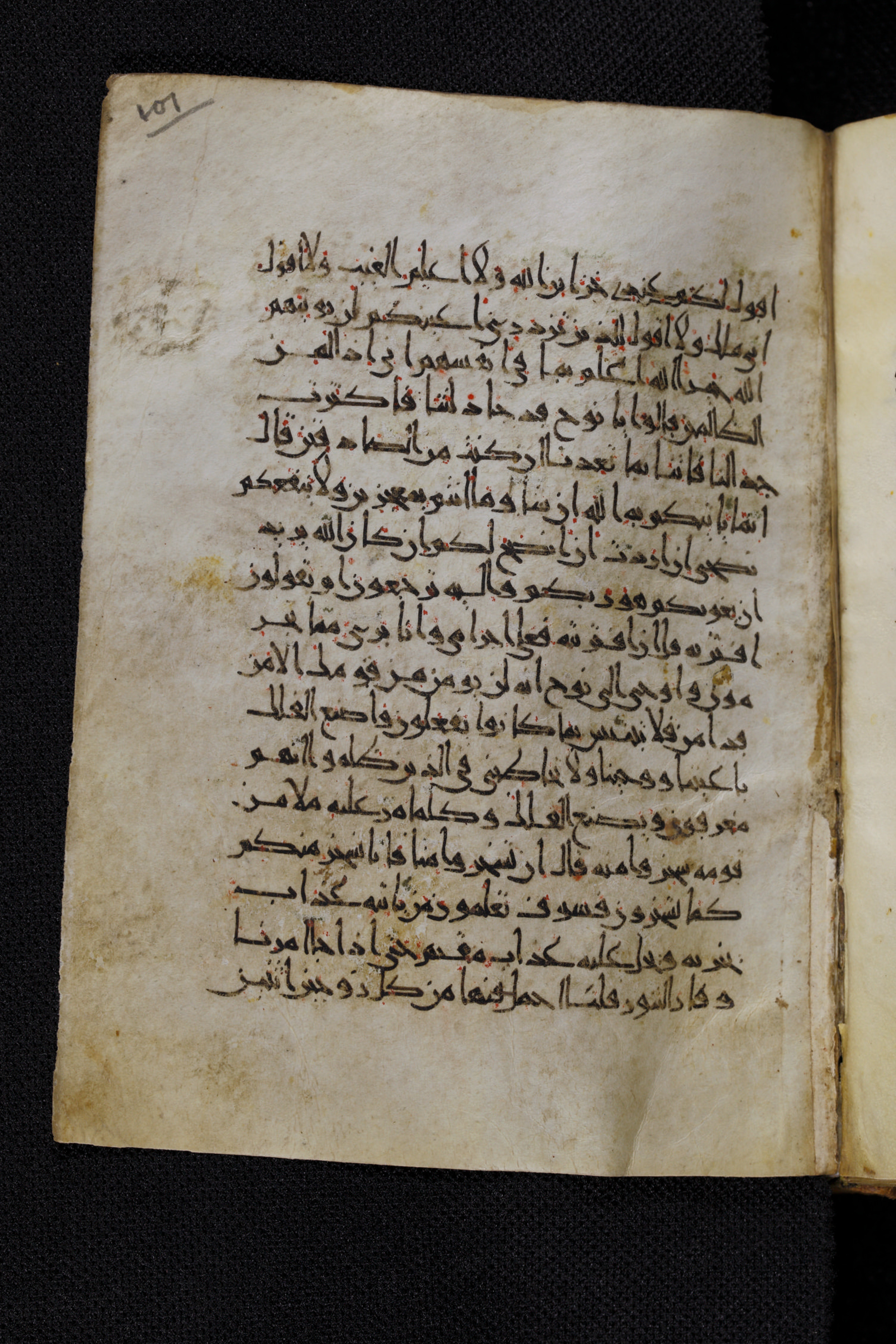 Diez A oct 172, in Transitional Maghrebi script, showing Surah 11:39 from Late 9th to Mid 11th Century AD found in Unknown, currently housed at Staatsbibliothek zu Berlin, Berlin, Germany