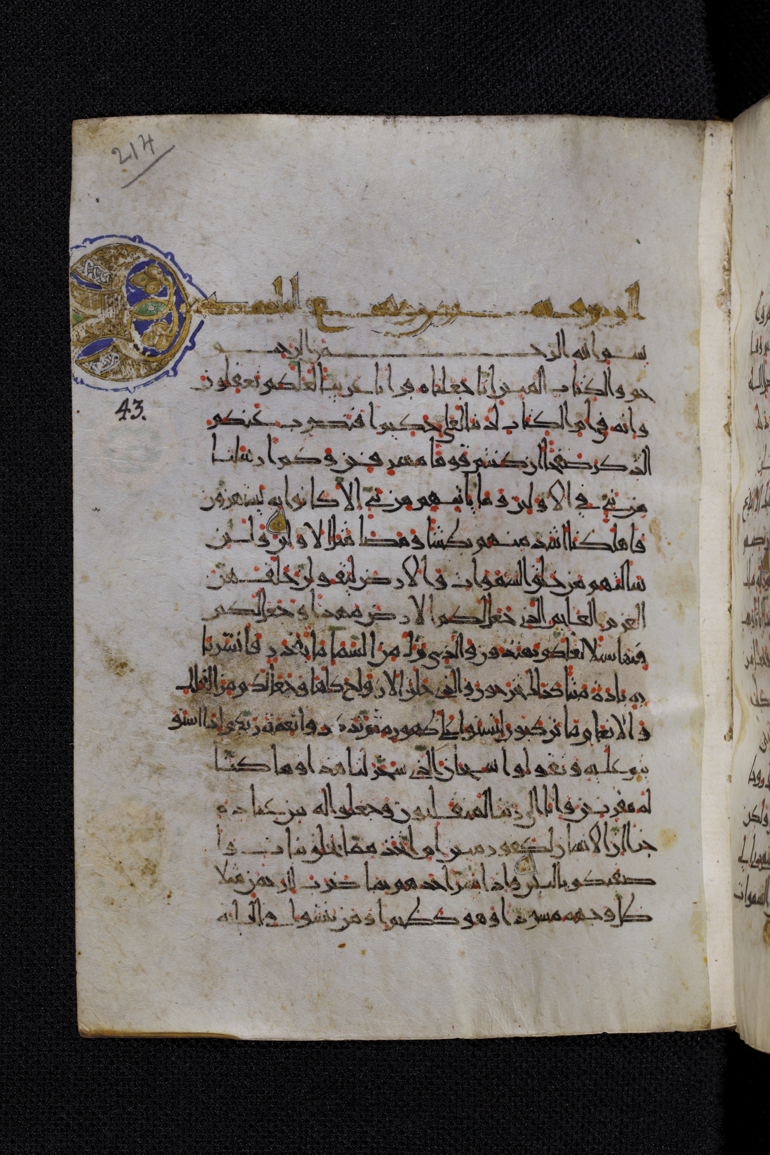 Diez A oct 172, in Transitional Maghrebi script, showing Surah 43:13 from Late 9th to Mid 11th Century AD found in Unknown, currently housed at Staatsbibliothek zu Berlin, Berlin, Germany