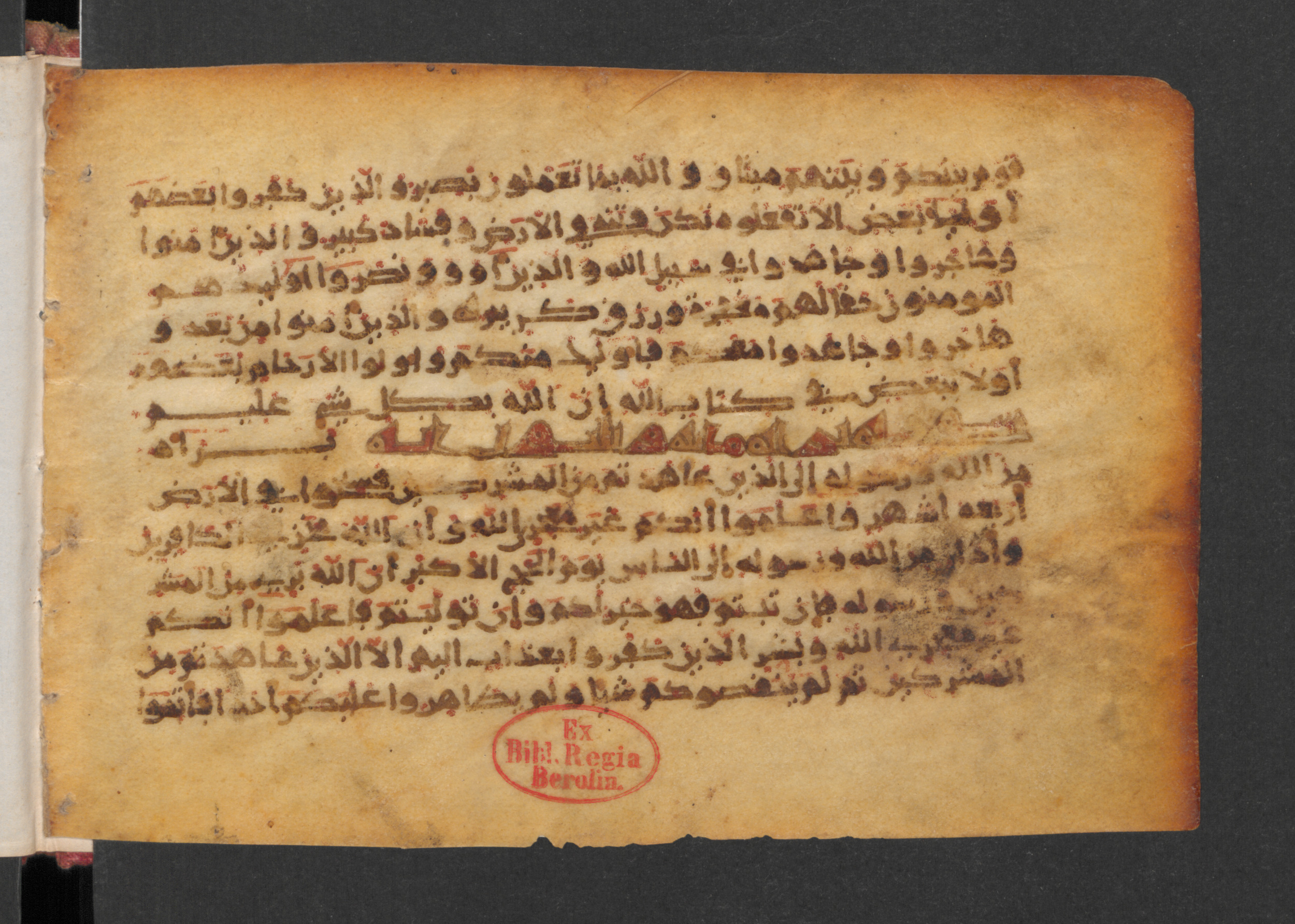 Wetzstein II 1931 (Ahlwardt 322), in kūfī E.I script, showing Surah 9:2 from 9th to Mid-10th Century AD found in Damascus, Syria, currently housed at Staatsbibliothek zu Berlin, Berlin, Germany
