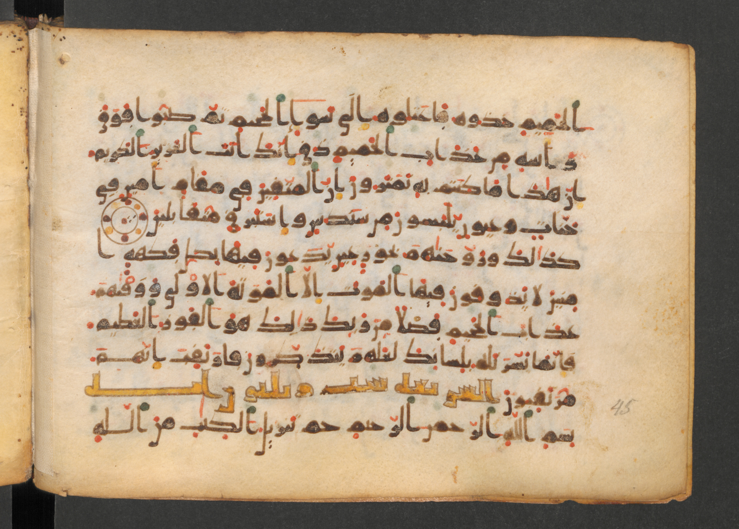 Codex Petermann I 38, in kūfī D.Vb script, showing Surah 44:49 from Mid-8th to Late 10th Century AD found in Unknown, currently housed at Staatsbibliothek zu Berlin, Berlin