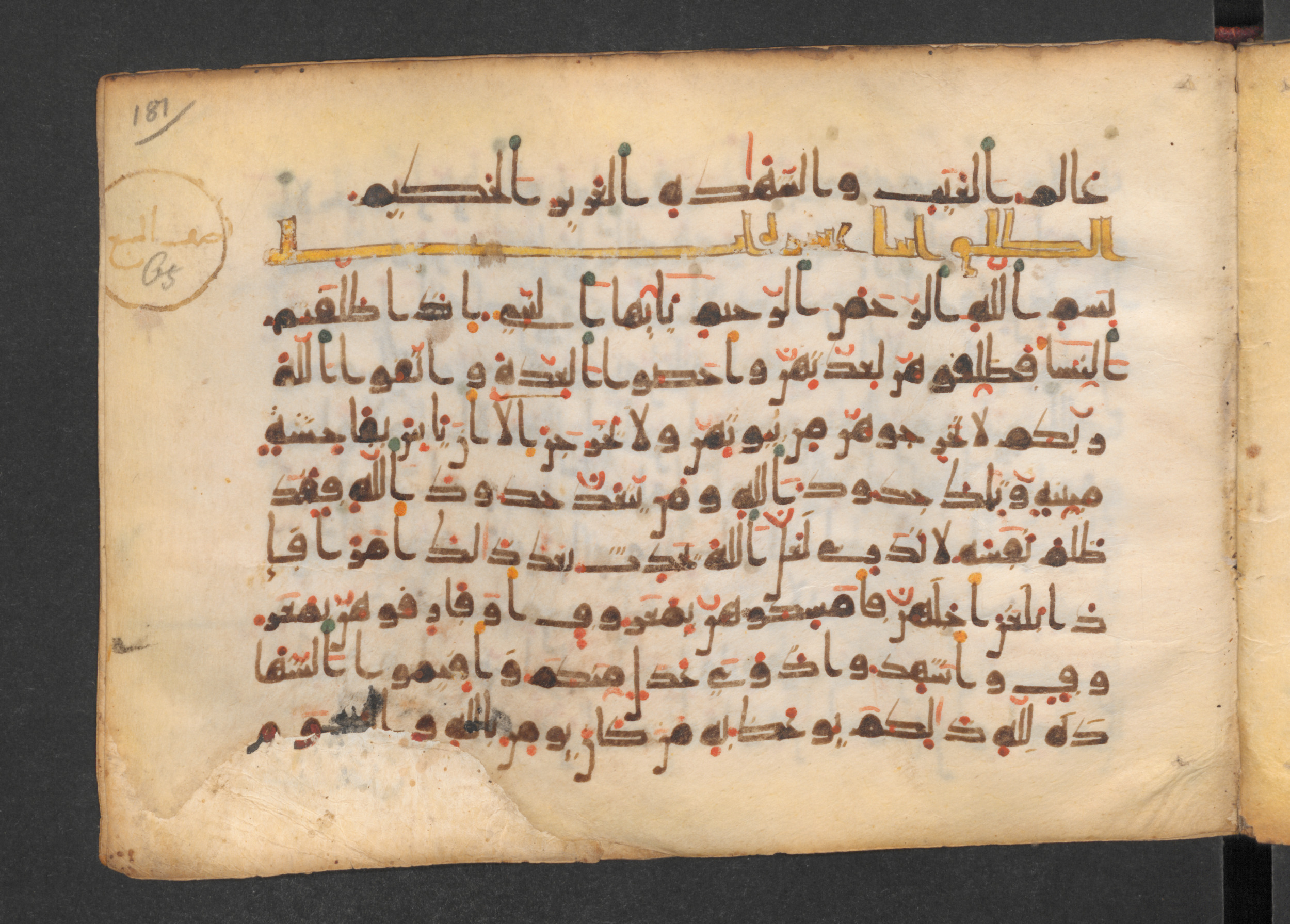 Codex Petermann I 38, in kūfī D.Vb script, showing Surah 64:18 from Mid-8th to Late 10th Century AD found in Unknown, currently housed at Staatsbibliothek zu Berlin, Berlin
