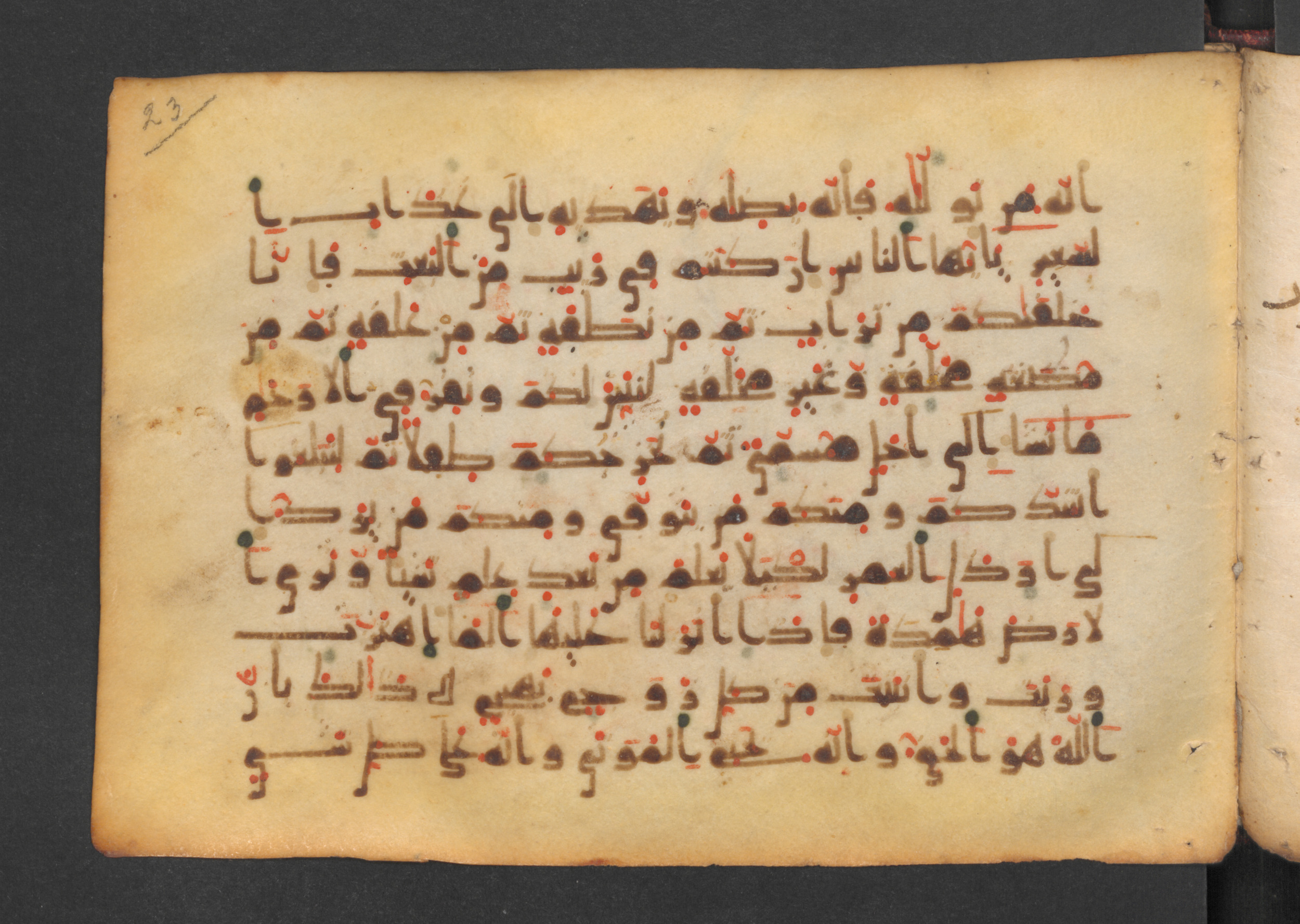 Codex Petermann I 38 (Scan 1), in kūfī D.Vb script, showing Surah 22:6 from Mid-8th to Late 10th Century AD found in Unknown, currently housed at Staatsbibliothek zu Berlin, Berlin