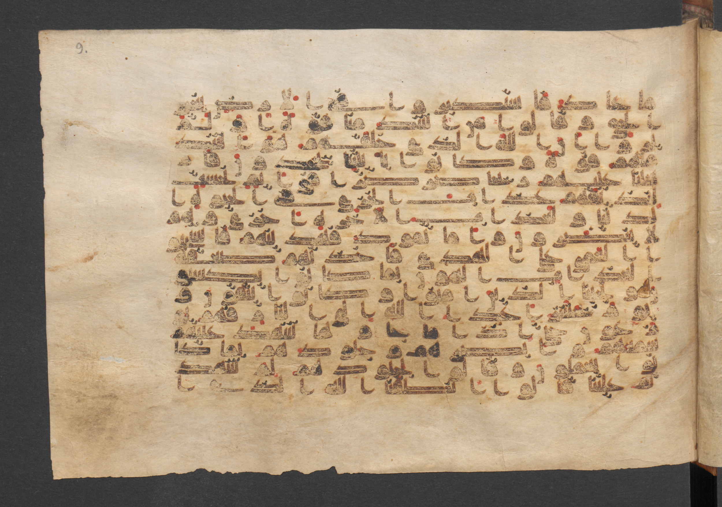 Wetzstein II 1937 (Ahlwardt 353) (Scan 1), in kūfī D script, showing Surah 41:21 from 9th Century AD found in Damascus, currently housed at Staatsbibliothek zu Berlin, Berlin
