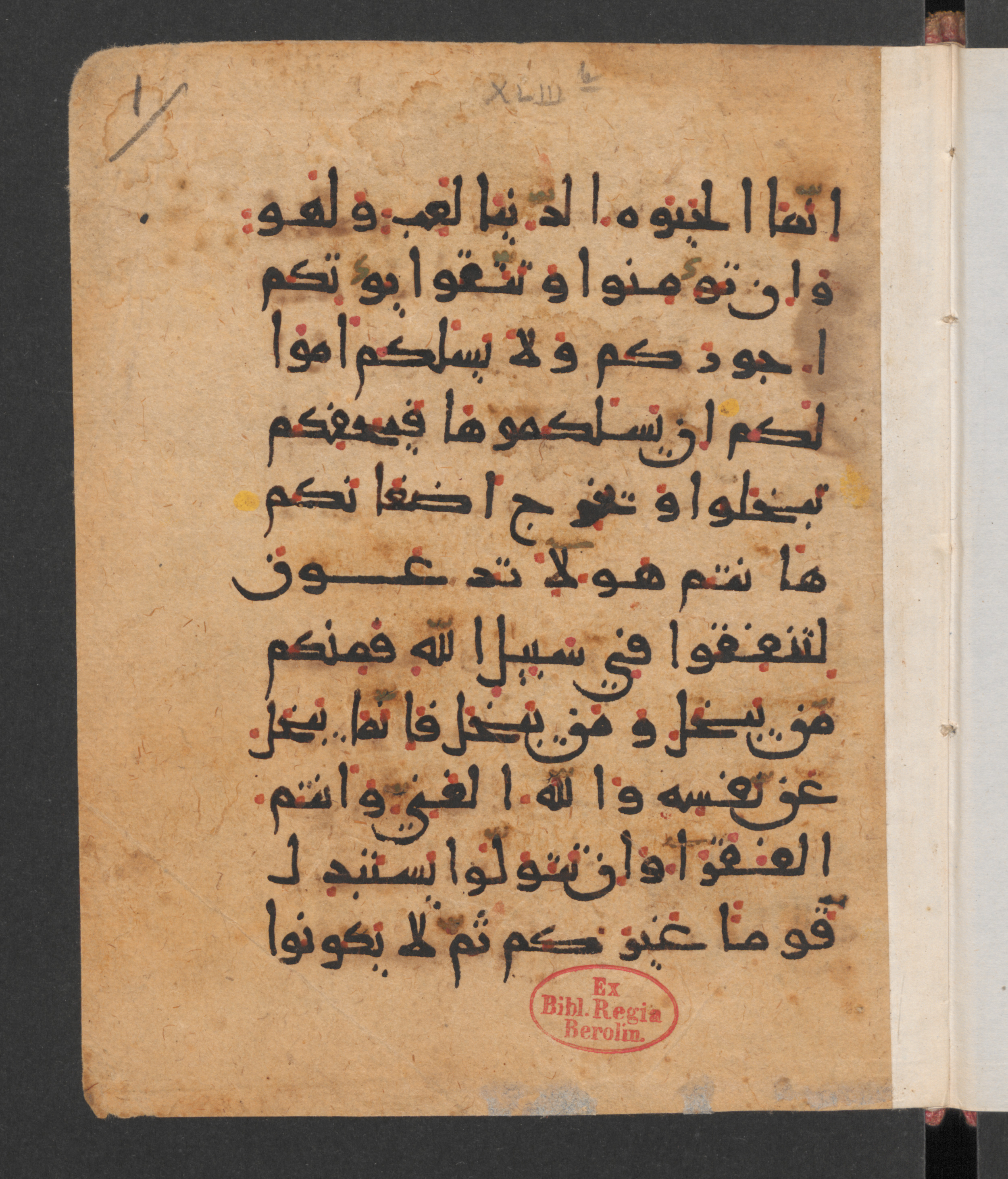 Berlin, Staatsbibliothek zu Berlin, Wetzstein II 1955b (Ahlwardt 361), in New Style script, showing Surah 47:37 from 9th to 10th Century AD found in Damascus, currently housed at Staatsbibliothek zu Berlin, Berlin