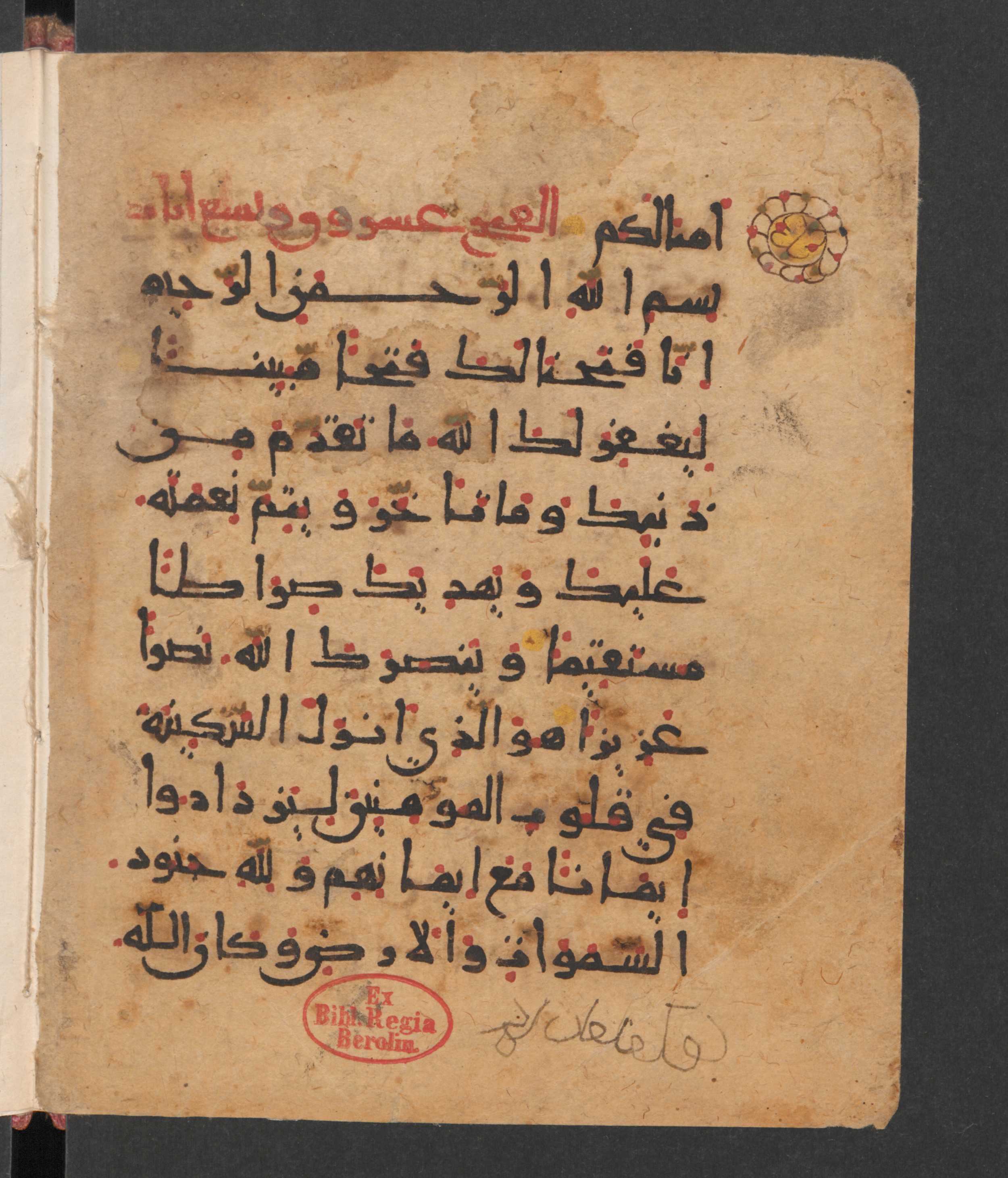 Berlin, Staatsbibliothek zu Berlin, Wetzstein II 1955b (Ahlwardt 361), in New Style script, showing Surah 48:3 from 9th to 10th Century AD found in Damascus, currently housed at Staatsbibliothek zu Berlin, Berlin