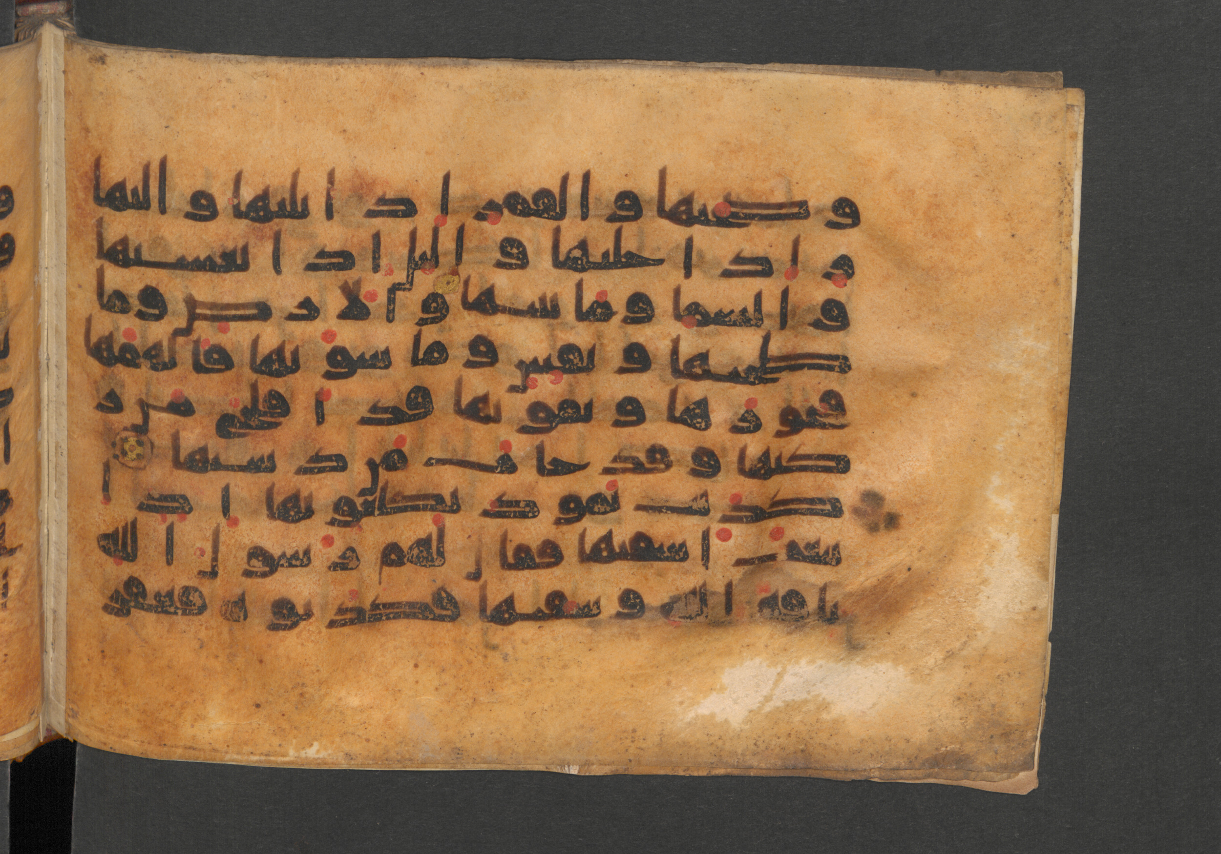 Berlin, Staatsbibliothek zu Berlin, Wetzstein II 1925 (Ahlwardt 364), in kūfī E.I script, showing Surah 91:13 from 8th to 9th Century AD found in Damascus, Syria, currently housed at Staatsbibliothek zu Berlin, Berlin