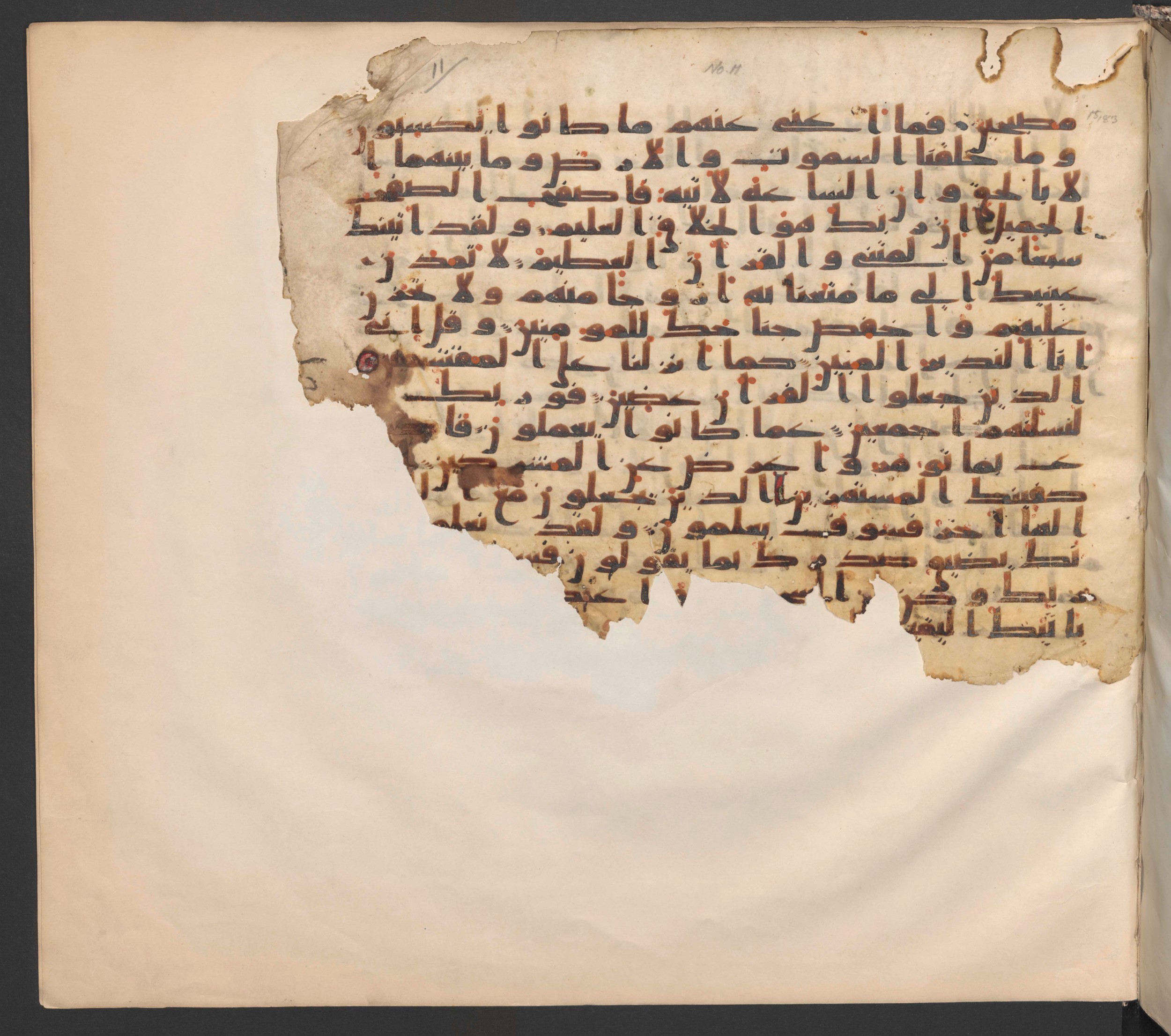 Berlin, Staatsbibliothek zu Berlin, Ms. or. fol. 379 (Ahlwardt 334), in kūfī C.I with influence of B.I. script, showing Surah 15:83 from 8th to 9th Century AD found in Unknown, currently housed at Staatsbibliothek zu Berlin, Berlin, Germany