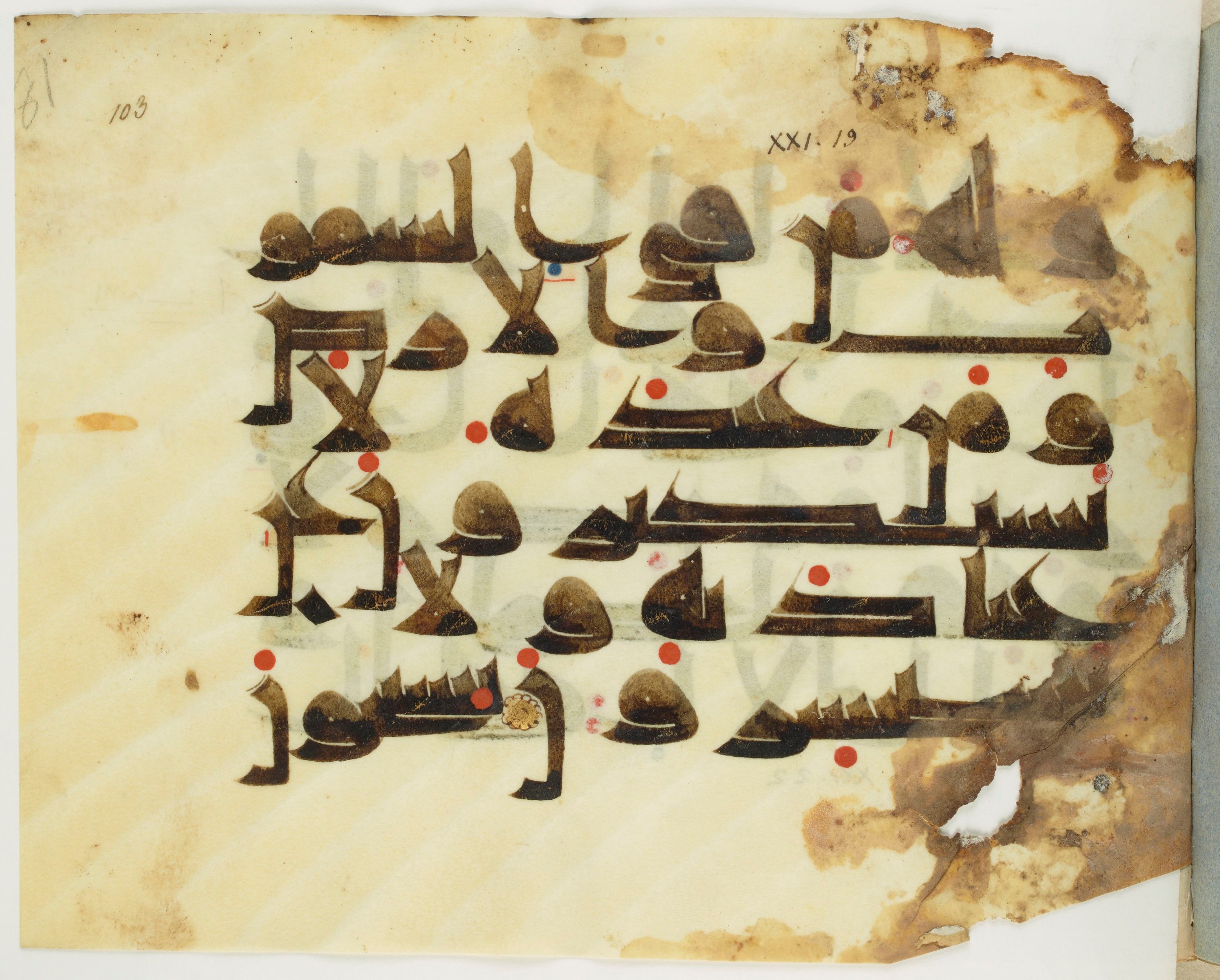 Copenhagen, Det Kongelige Bibliotek, Cod. Arab. 36 (Scan 1), in kūfī D.I script, showing Surah 21:19 from Mid 8th to Late 10th Century AD found in Egypt, currently housed at Det Kongelige Bibliotek (The Royal Library), Copenhagen