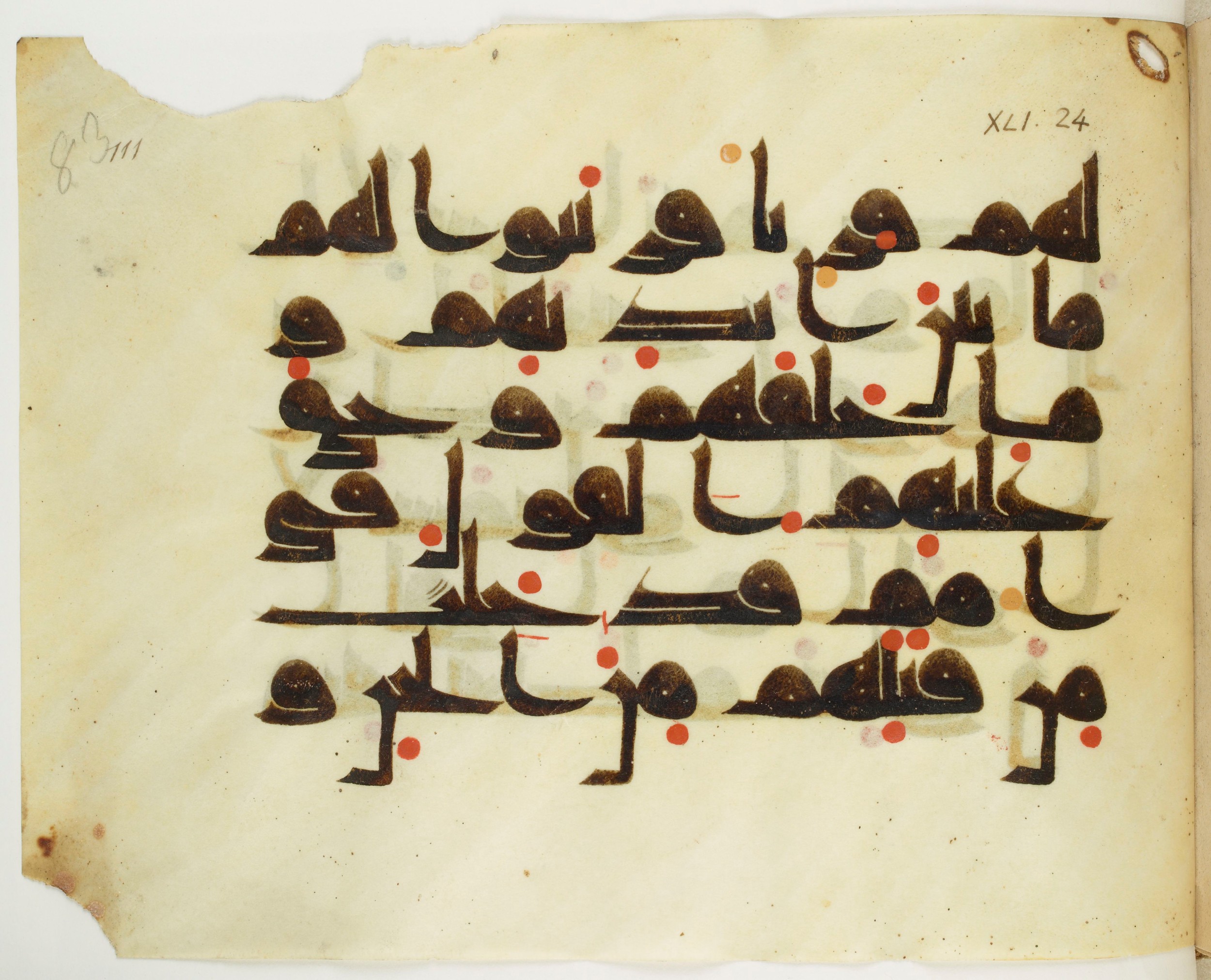Copenhagen, Det Kongelige Bibliotek, Cod. Arab. 36 (Scan 1), in kūfī D.I script, showing Surah 41:25 from Mid 8th to Late 10th Century AD found in Egypt, currently housed at Det Kongelige Bibliotek (The Royal Library), Copenhagen