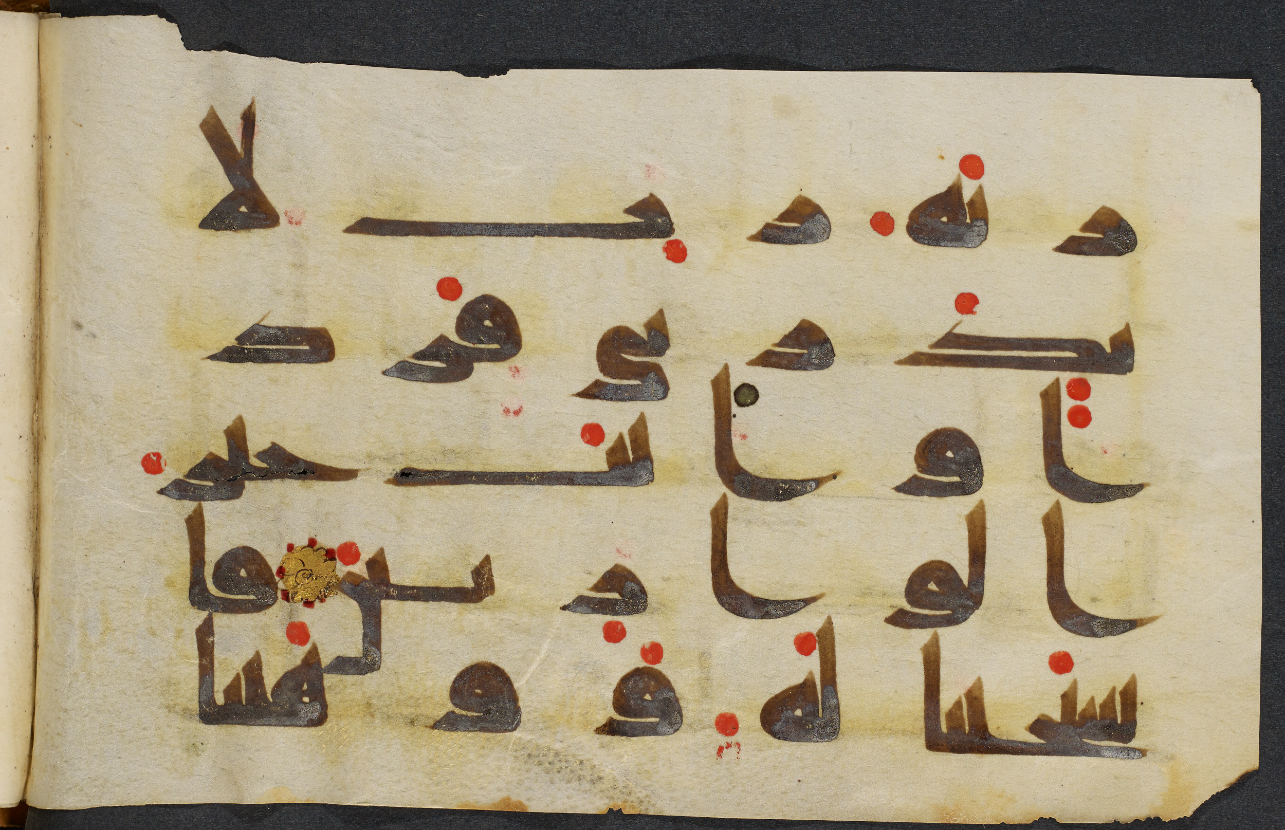Copenhagen, Det Kongelige Bibliotek, Cod. Arab. 36 (Scan 1), in kūfī D.I script, showing Surah 21:90 from Mid 8th to Late 10th Century AD found in Egypt, currently housed at Det Kongelige Bibliotek (The Royal Library), Copenhagen