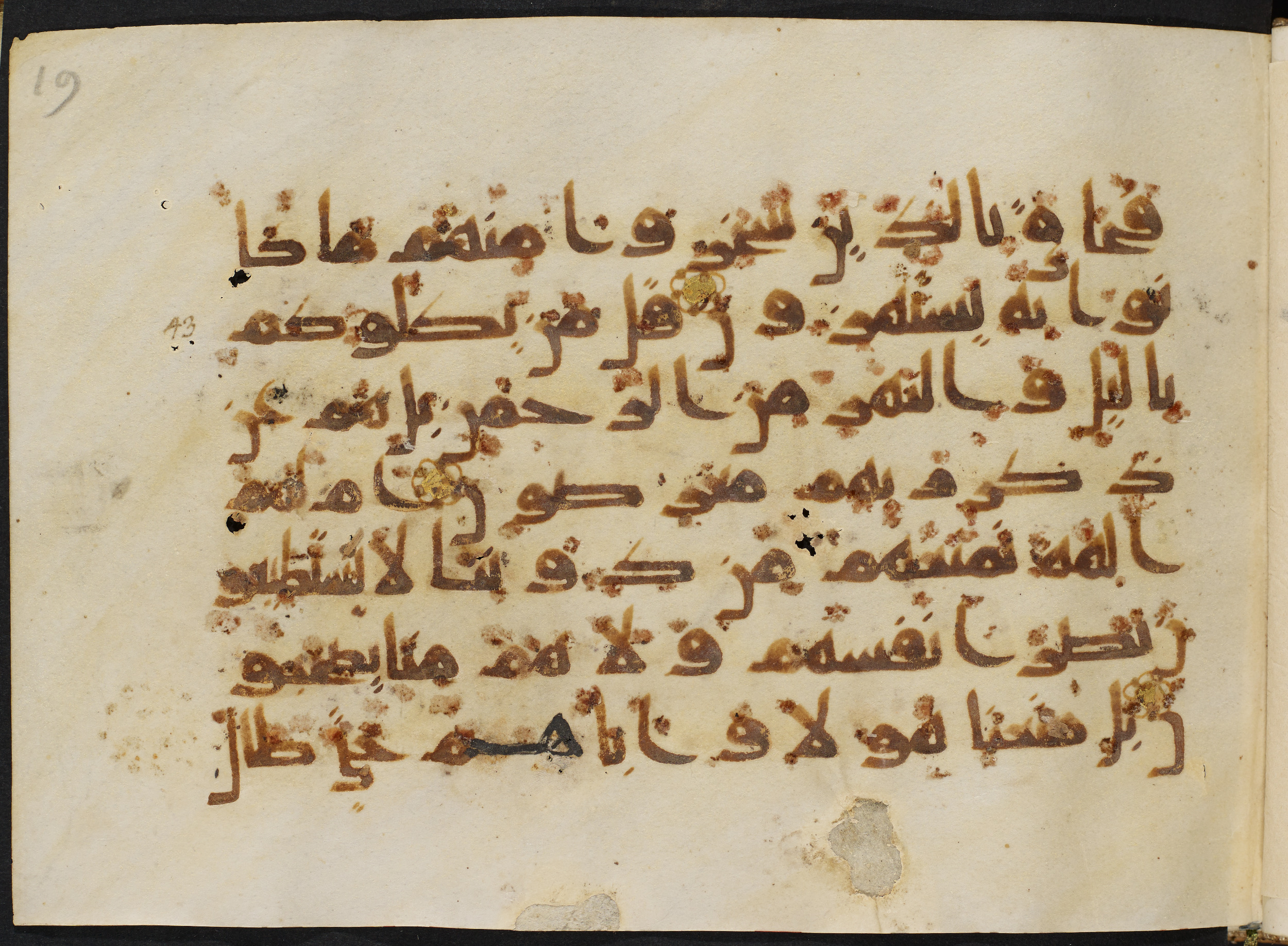 Copenhagen, Det Kongelige Bibliotek, Cod. Arab. 36 (Scan 3), in kūfī D.I script, showing Surah 21:41 from Mid 8th to Late 10th Century AD found in Egypt, currently housed at Det Kongelige Bibliotek (The Royal Library), Copenhagen