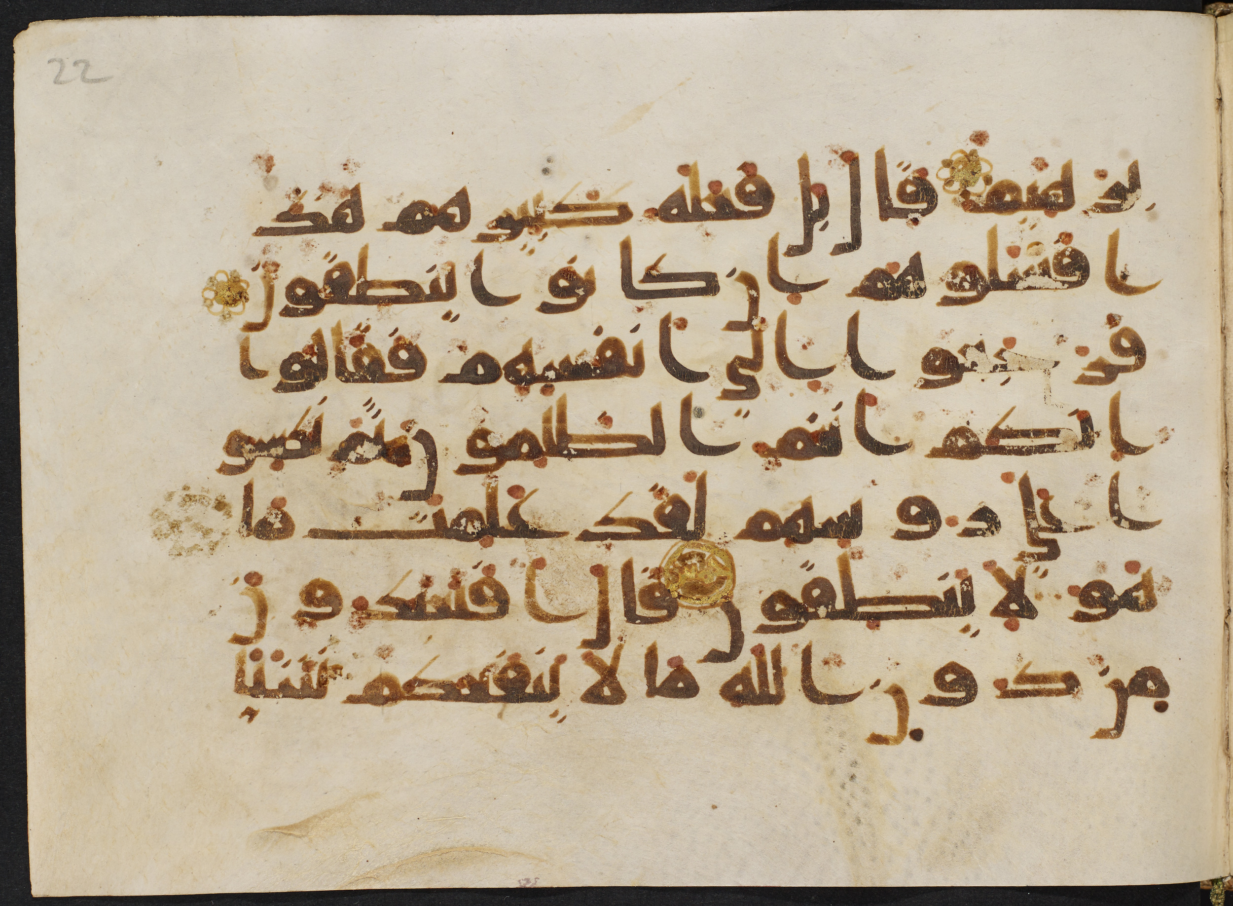 Copenhagen, Det Kongelige Bibliotek, Cod. Arab. 36 (Scan 2), in kūfī D.I script, showing Surah 21:65 from Mid 8th to Late 10th Century AD found in Egypt, currently housed at Det Kongelige Bibliotek (The Royal Library), Copenhagen
