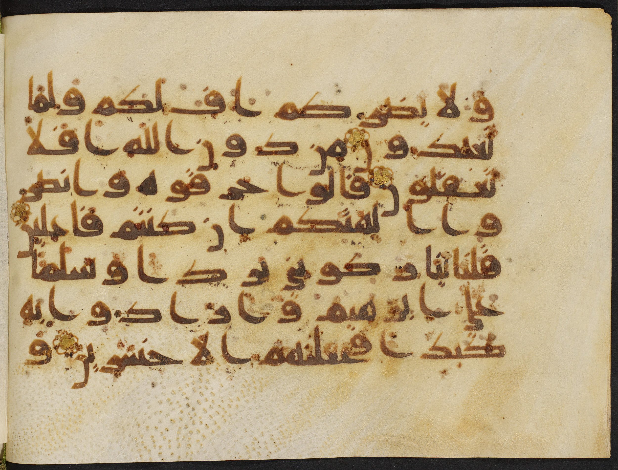 Copenhagen, Det Kongelige Bibliotek, Cod. Arab. 36 (Scan 2), in kūfī D.I script, showing Surah 21:67 from Mid 8th to Late 10th Century AD found in Egypt, currently housed at Det Kongelige Bibliotek (The Royal Library), Copenhagen