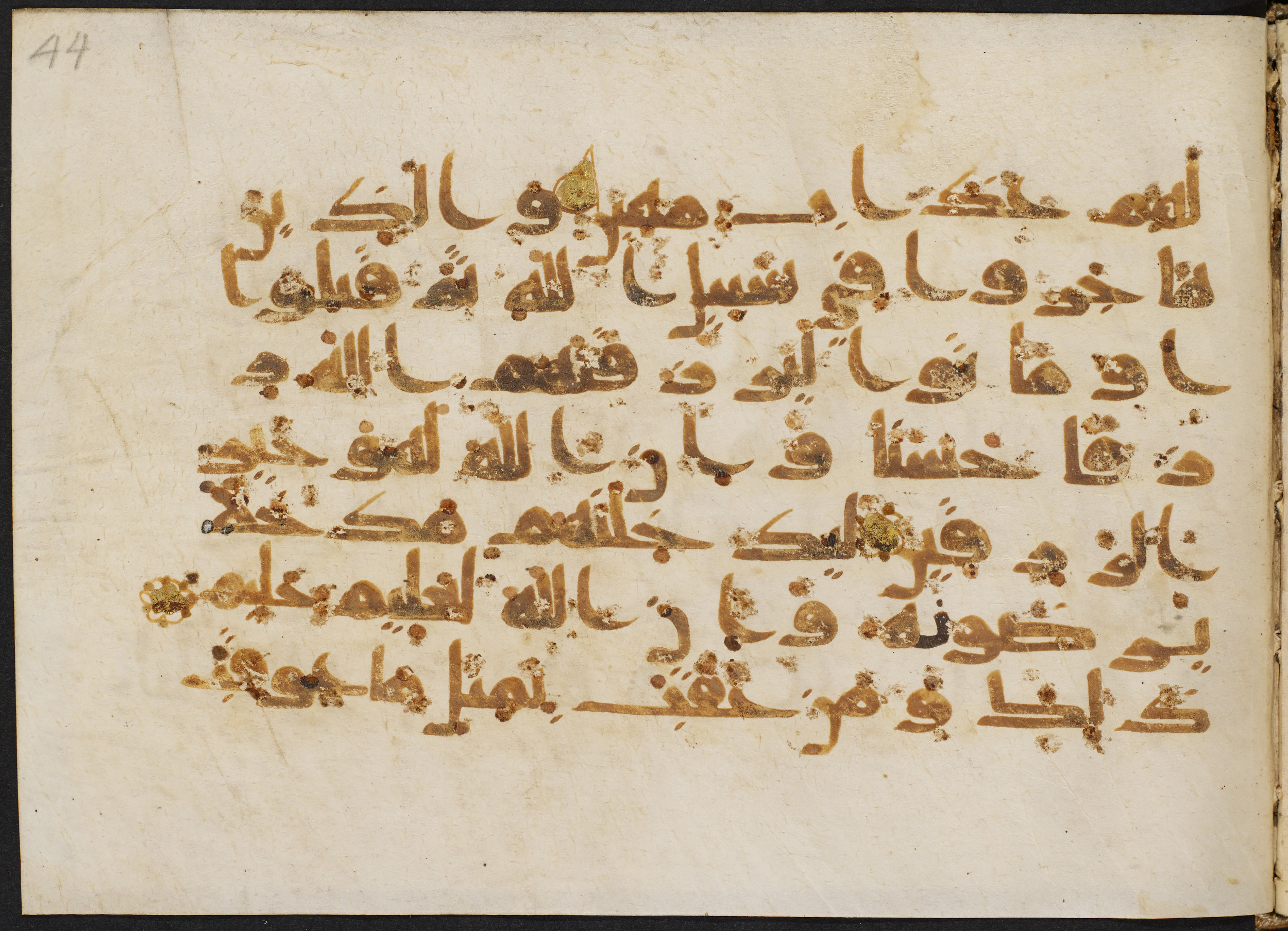 Copenhagen, Det Kongelige Bibliotek, Cod. Arab. 36 (Scan 1), in kūfī D.I script, showing Surah 22:59 from Mid 8th to Late 10th Century AD found in Egypt, currently housed at Det Kongelige Bibliotek (The Royal Library), Copenhagen