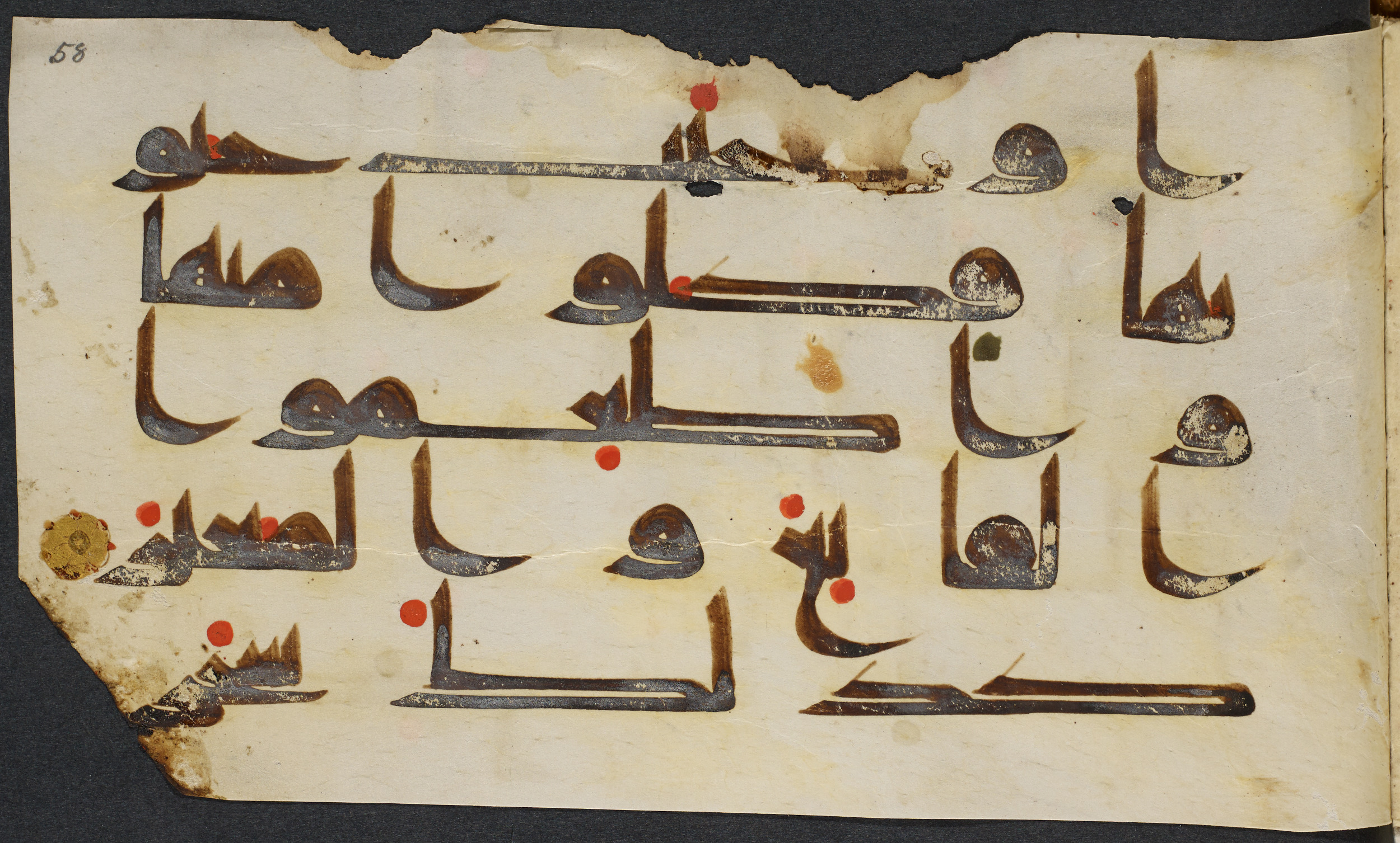 Copenhagen, Det Kongelige Bibliotek, Cod. Arab. 36 (Scan 6), in kūfī D.I script, showing Surah 22:36 from Mid 8th to Late 10th Century AD found in Egypt, currently housed at Det Kongelige Bibliotek (The Royal Library), Copenhagen
