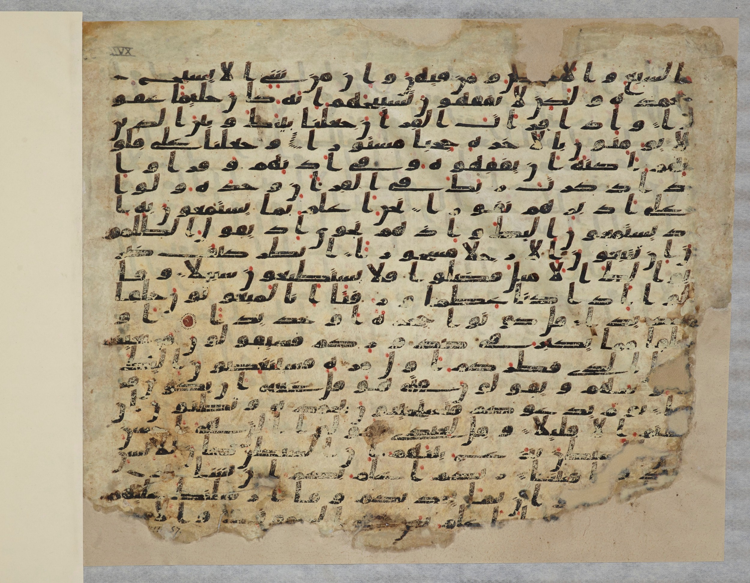 Paris, Bibliothèque nationale de France, Arabe 334 (c) (Scan 2), in Ḥiǧāzī IV script, showing Surah 17:45 from 8th to 9th Century AD found in Fustat (Old Cairo), Egypt, currently housed at Bibliothèque nationale de France, Paris