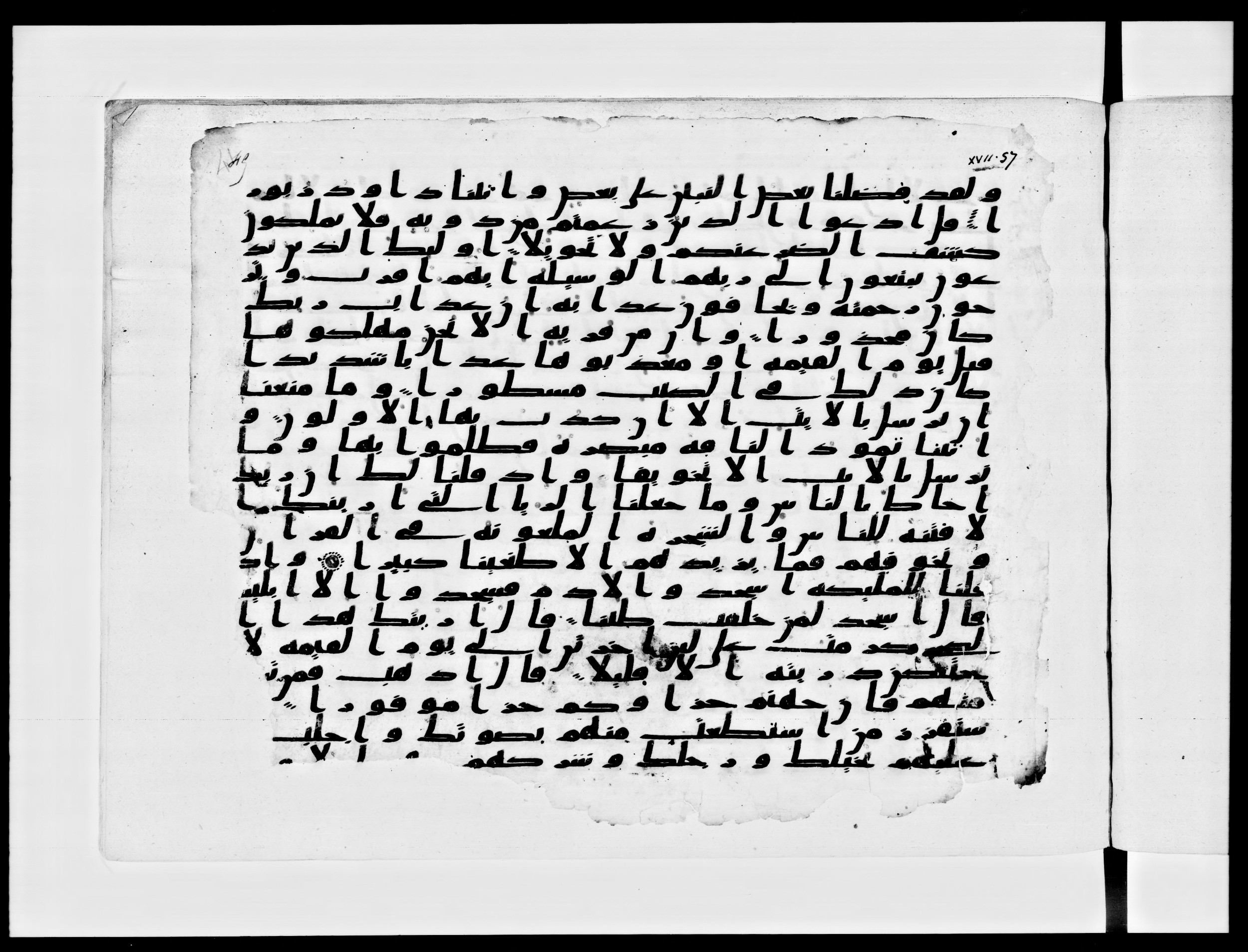 Paris, Bibliothèque nationale de France, Arabe 334 (c) (Scan 1), in Ḥiǧāzī IV script, showing Surah 17:64 from 8th to 9th Century AD found in Fustat (Old Cairo), Egypt, currently housed at Bibliothèque nationale de France, Paris