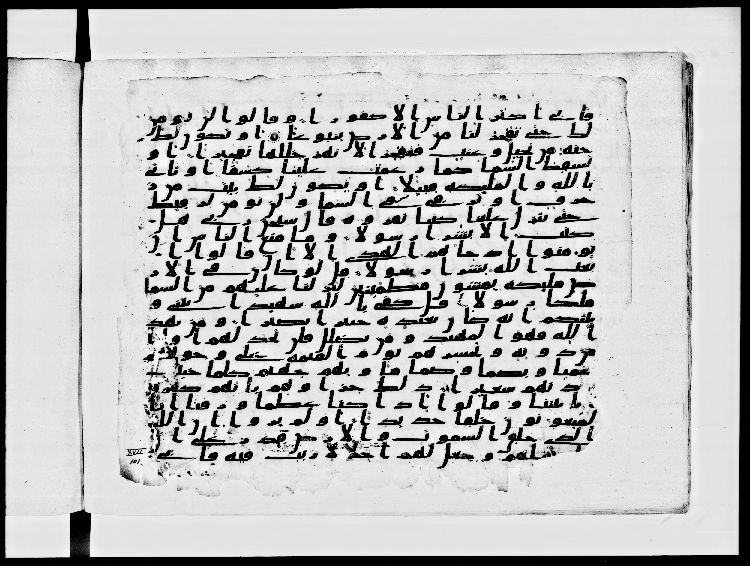 Paris, Bibliothèque nationale de France, Arabe 334 (c) (Scan 1), in Ḥiǧāzī IV script, showing Surah 17:97 from 8th to 9th Century AD found in Fustat (Old Cairo), Egypt, currently housed at Bibliothèque nationale de France, Paris