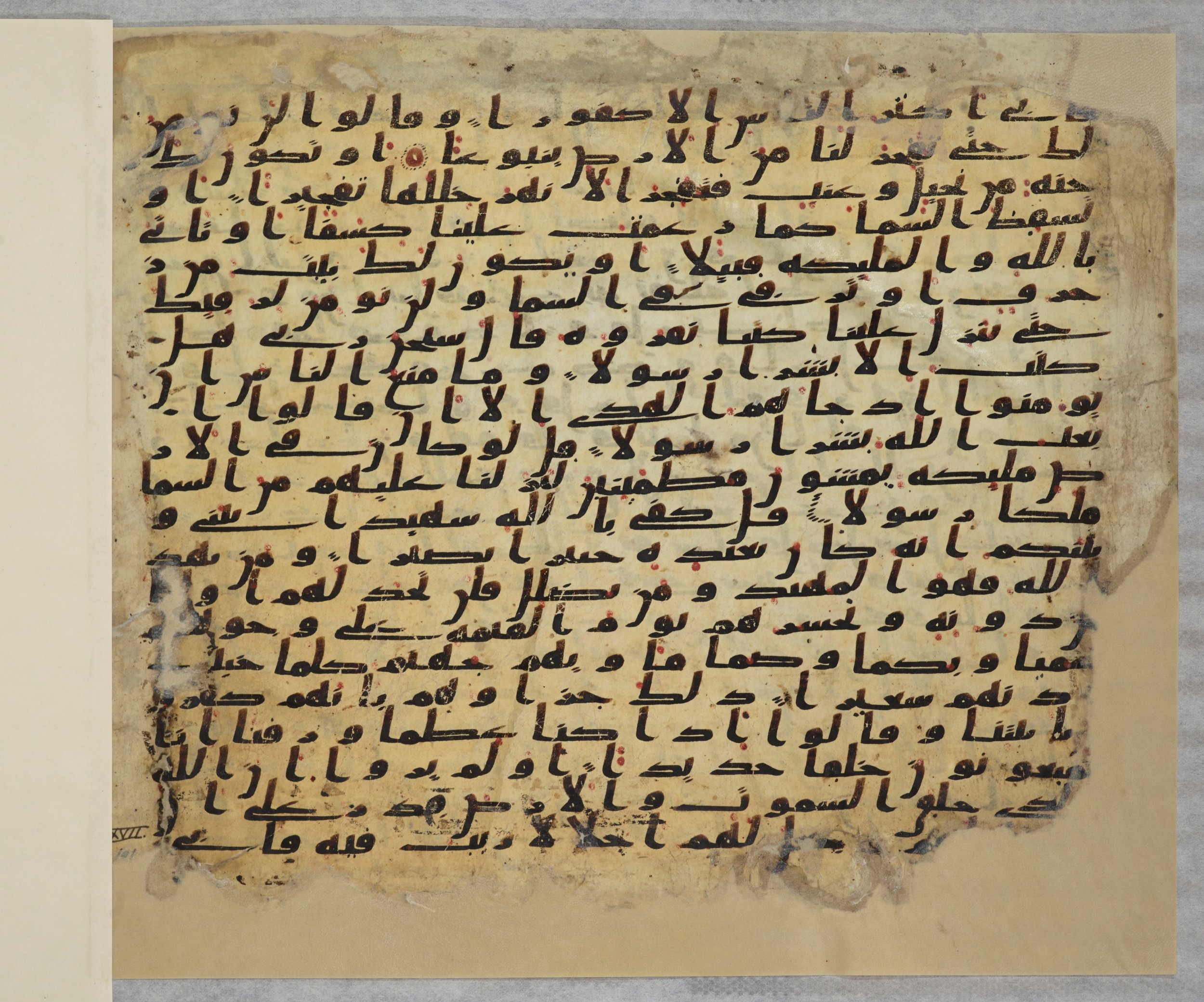 Paris, Bibliothèque nationale de France, Arabe 334 (c) (Scan 2), in Ḥiǧāzī IV script, showing Surah 17:97 from 8th to 9th Century AD found in Fustat (Old Cairo), Egypt, currently housed at Bibliothèque nationale de France, Paris