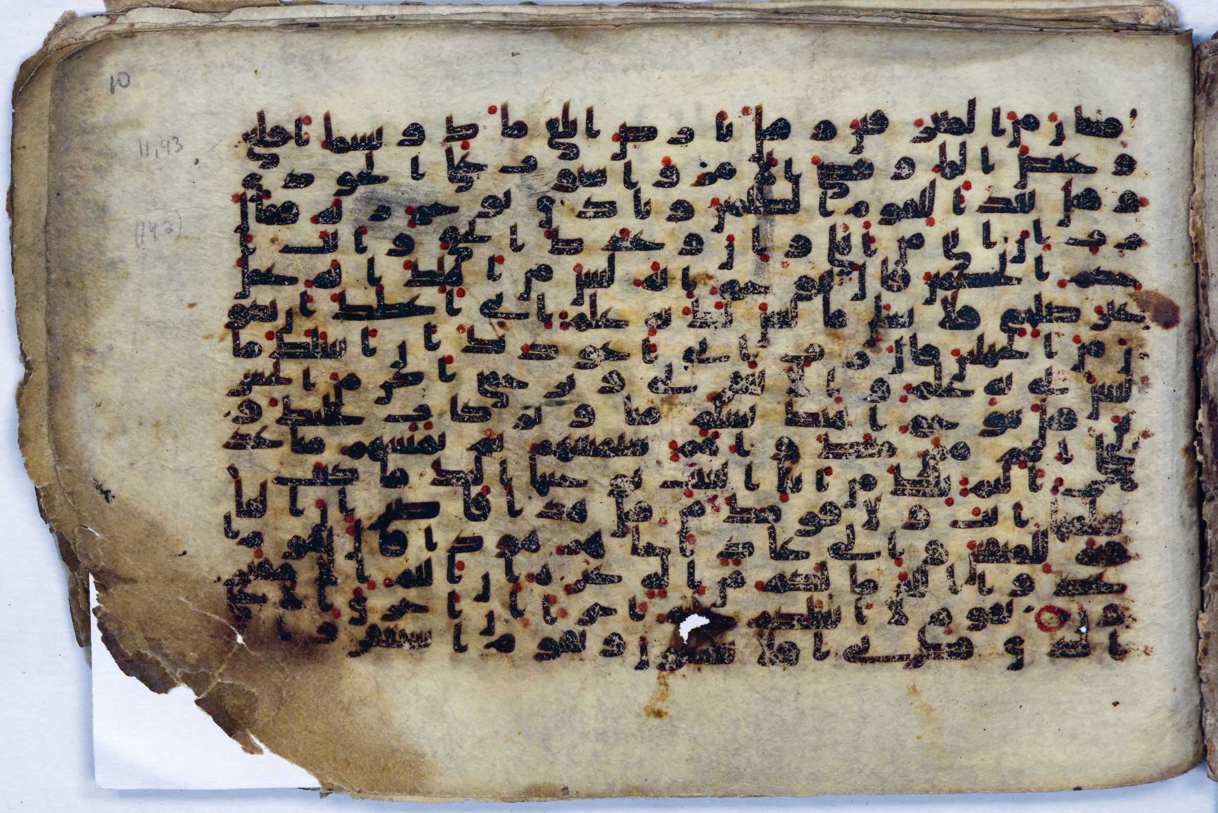 Leiden, Universiteitsbibliotheek Leiden, Or. 6814, in kūfī B.II script, showing Surah 11:49 from 8th to 9th Century AD found in Unknown (Purchased in Oegstgeest, Netherlands), currently housed at Universiteitsbibliotheek Leiden, Leiden