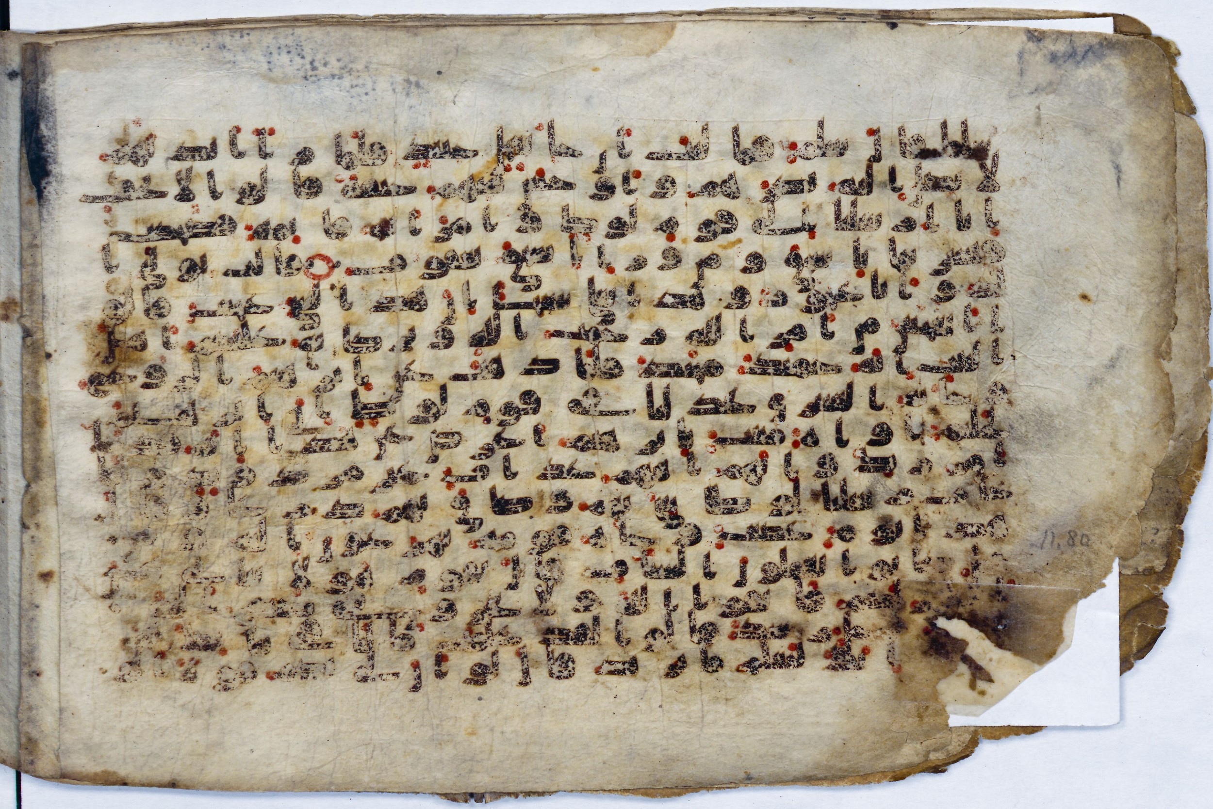 Leiden, Universiteitsbibliotheek Leiden, Or. 6814, in kūfī B.II script, showing Surah 11:76 from 8th to 9th Century AD found in Unknown (Purchased in Oegstgeest, Netherlands), currently housed at Universiteitsbibliotheek Leiden, Leiden