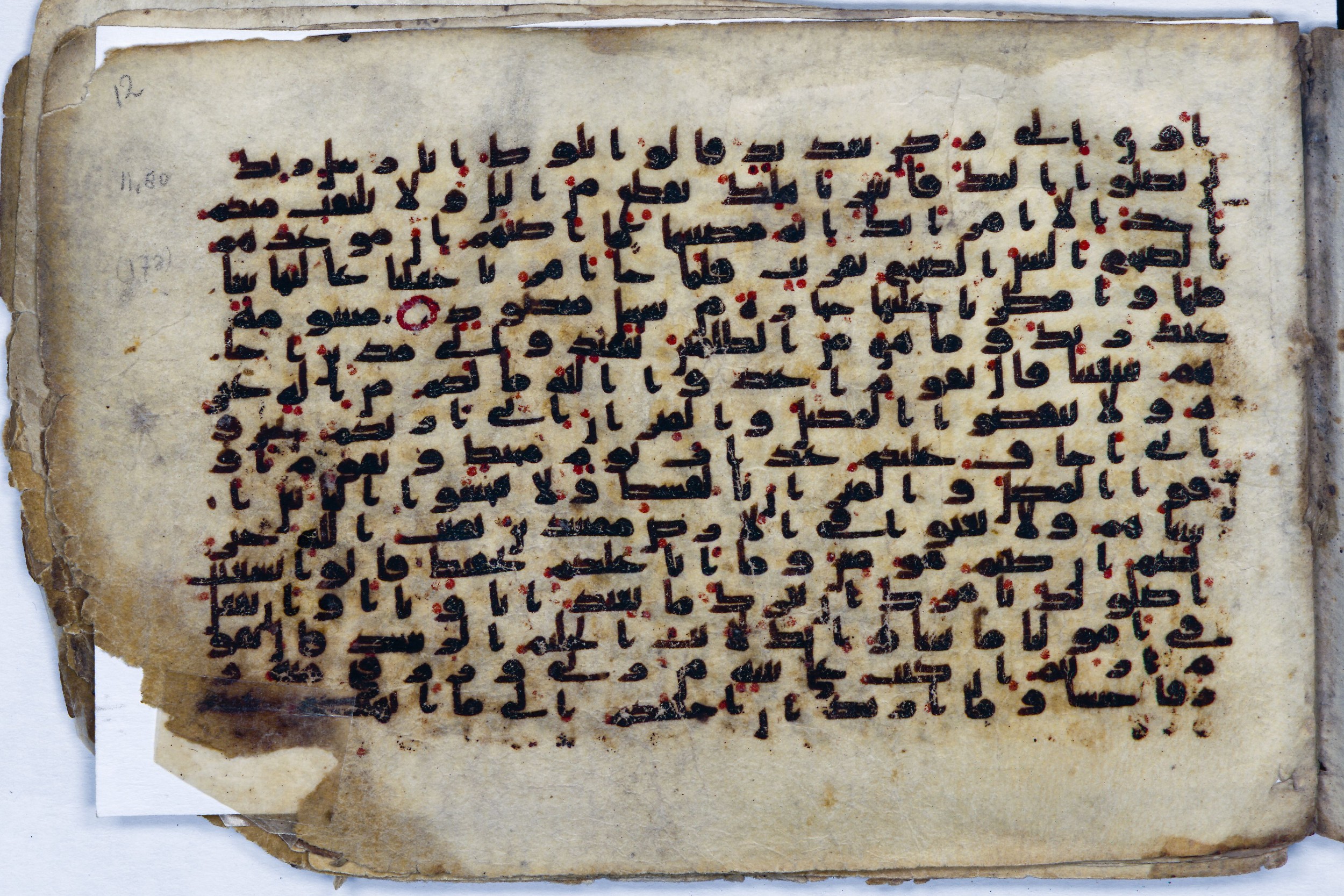 Leiden, Universiteitsbibliotheek Leiden, Or. 6814, in kūfī B.II script, showing Surah 11:82 from 8th to 9th Century AD found in Unknown (Purchased in Oegstgeest, Netherlands), currently housed at Universiteitsbibliotheek Leiden, Leiden