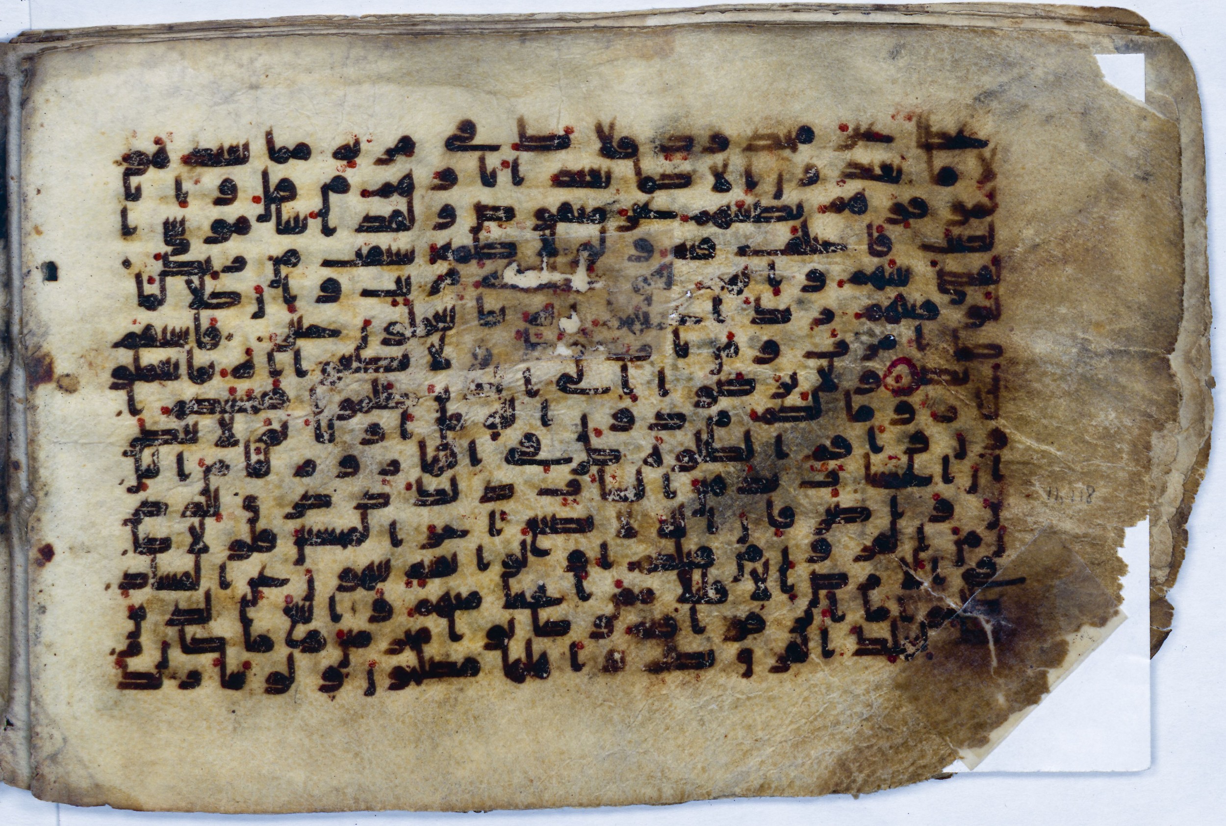 Leiden, Universiteitsbibliotheek Leiden, Or. 6814, in kūfī B.II script, showing Surah 11:113 from 8th to 9th Century AD found in Unknown (Purchased in Oegstgeest, Netherlands), currently housed at Universiteitsbibliotheek Leiden, Leiden