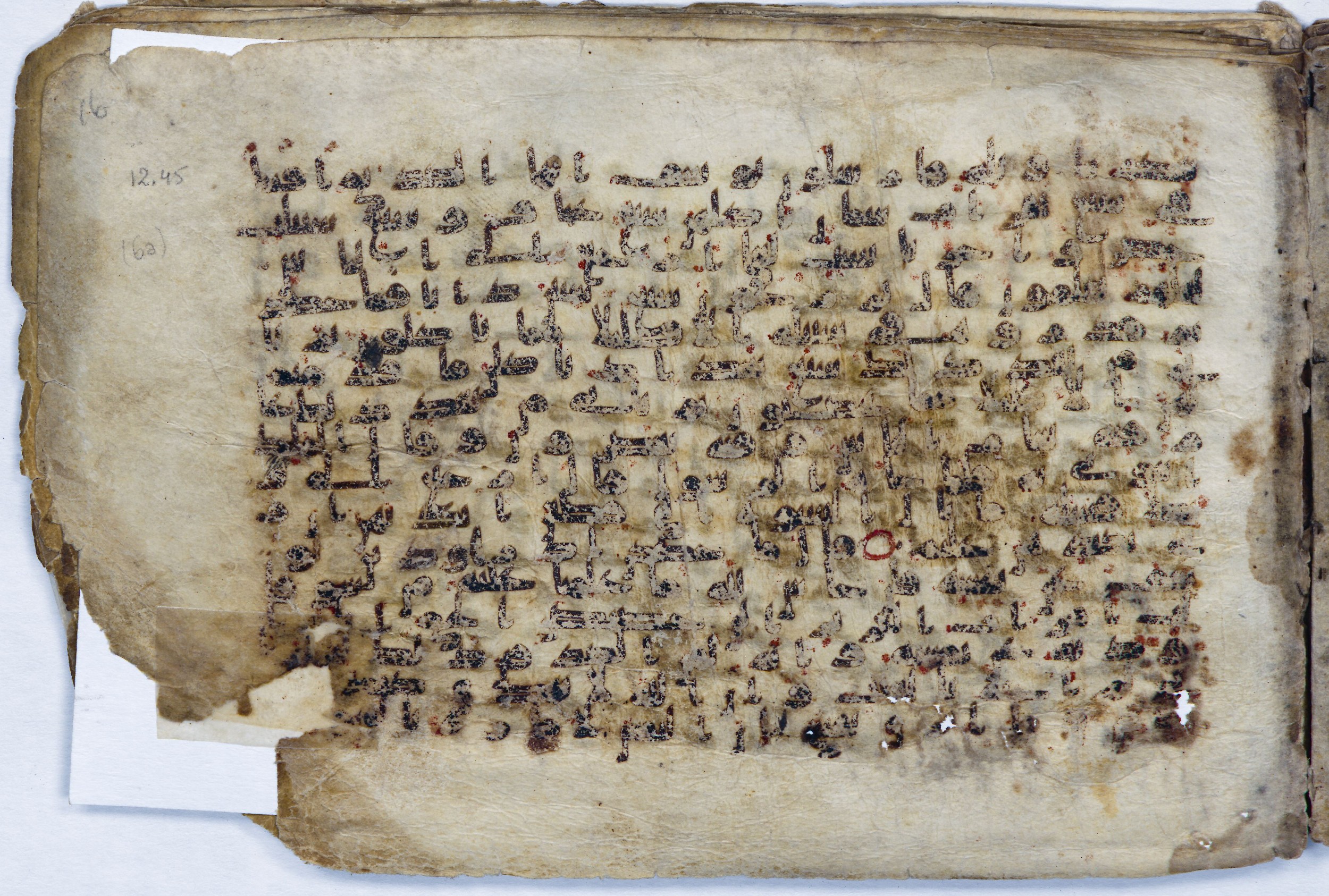 Leiden, Universiteitsbibliotheek Leiden, Or. 6814, in kūfī B.II script, showing Surah 12:49 from 8th to 9th Century AD found in Unknown (Purchased in Oegstgeest, Netherlands), currently housed at Universiteitsbibliotheek Leiden, Leiden