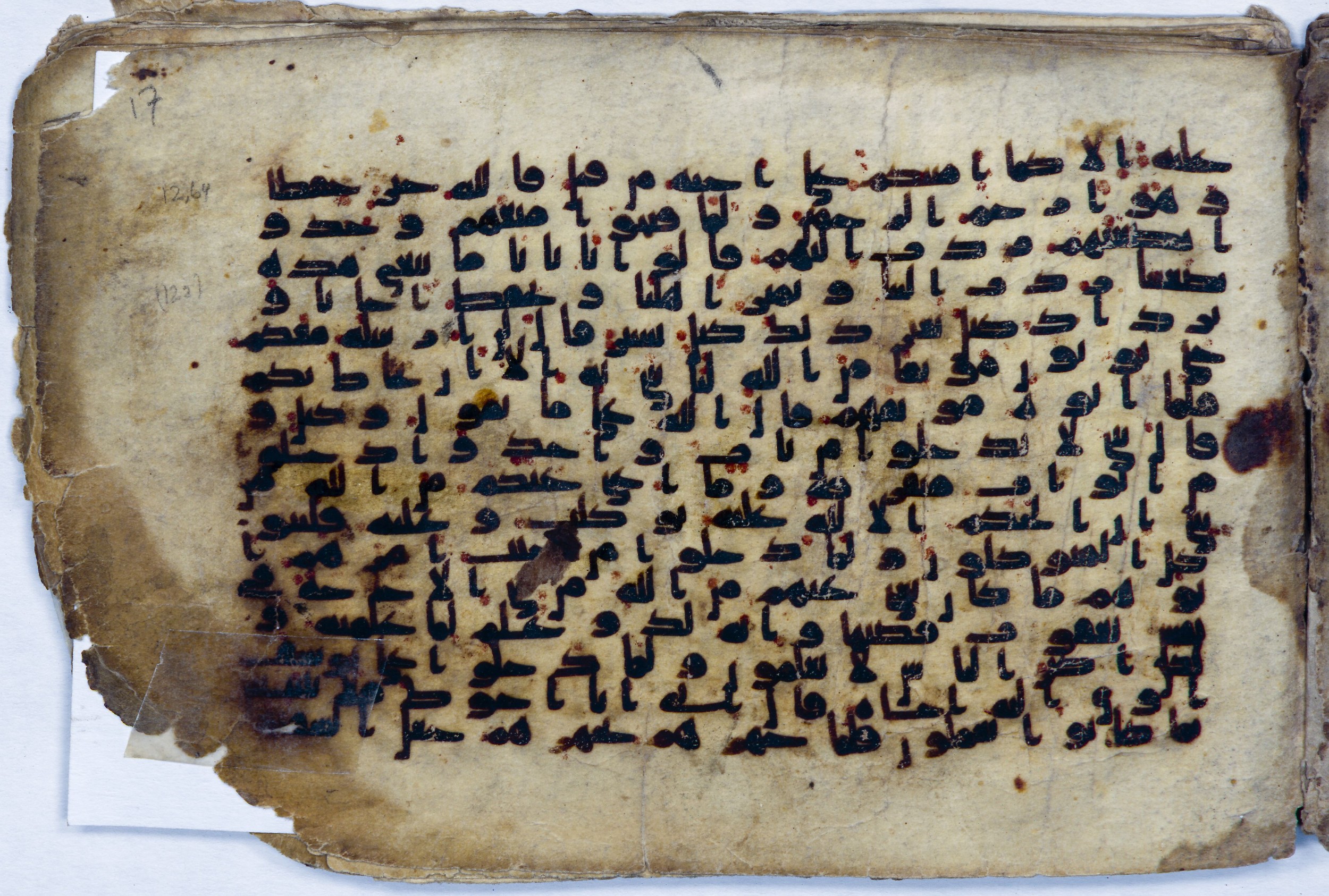 Leiden, Universiteitsbibliotheek Leiden, Or. 6814 (Scan 2), in kūfī B.II script, showing Surah 12:64 from 8th to 9th Century AD found in Unknown (Purchased in Oegstgeest, Netherlands), currently housed at Universiteitsbibliotheek Leiden, Leiden