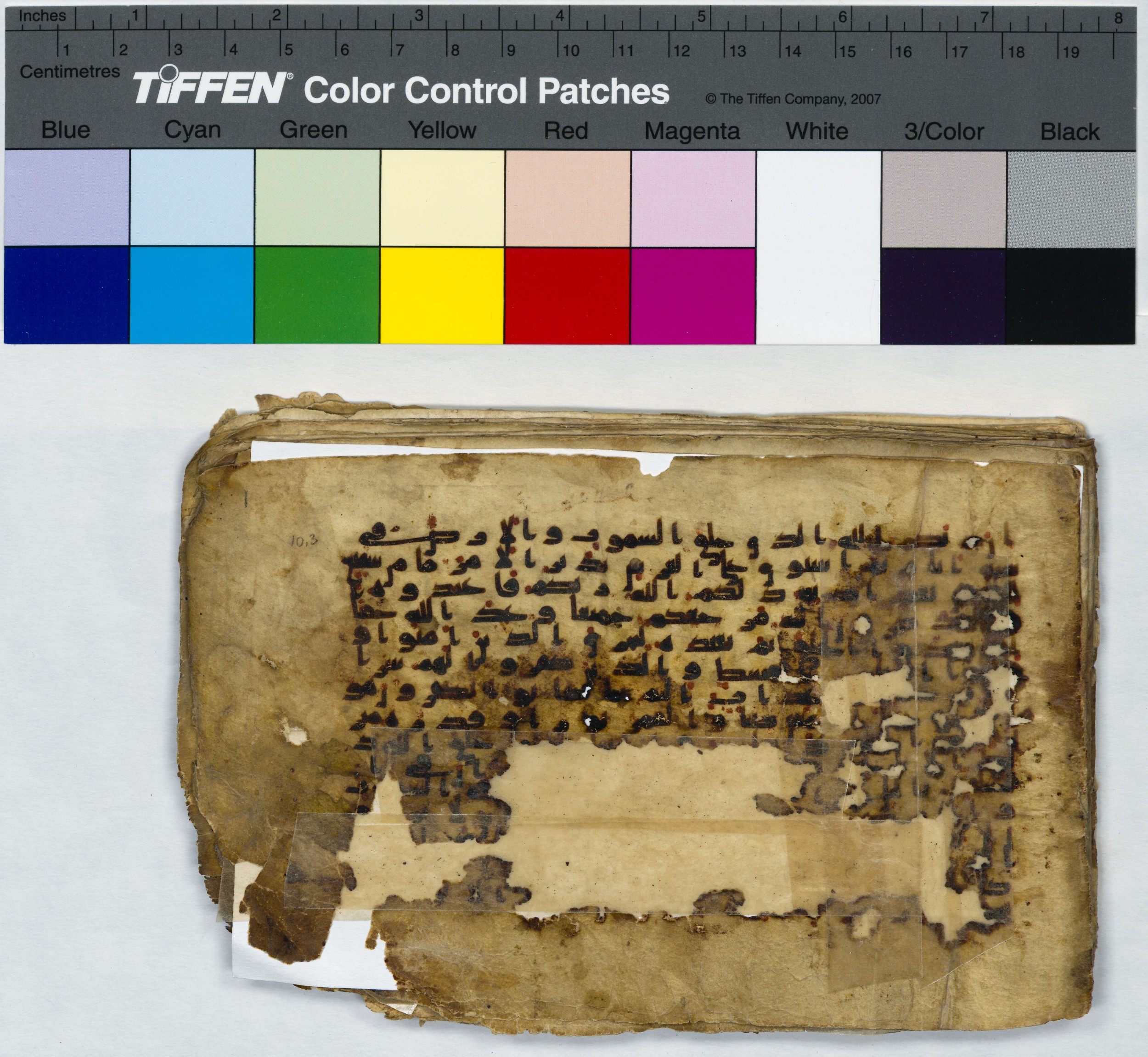 Leiden, Universiteitsbibliotheek Leiden, Or. 6814, in kūfī B.II script, showing Surah 10:7 from 8th to 9th Century AD found in Unknown (Purchased in Oegstgeest, Netherlands), currently housed at Universiteitsbibliotheek Leiden, Leiden